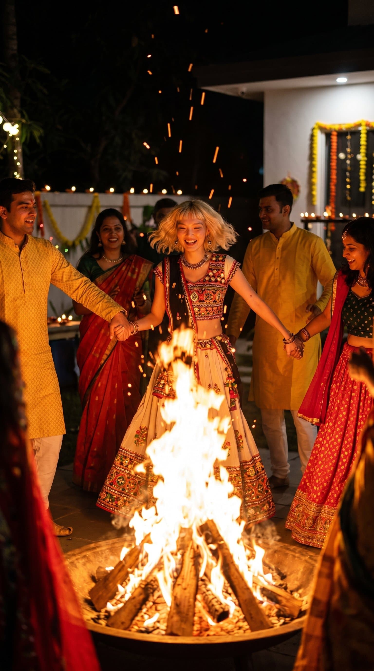 A group of people in traditional wear dancing around a brightly lit bonfire during Diwali