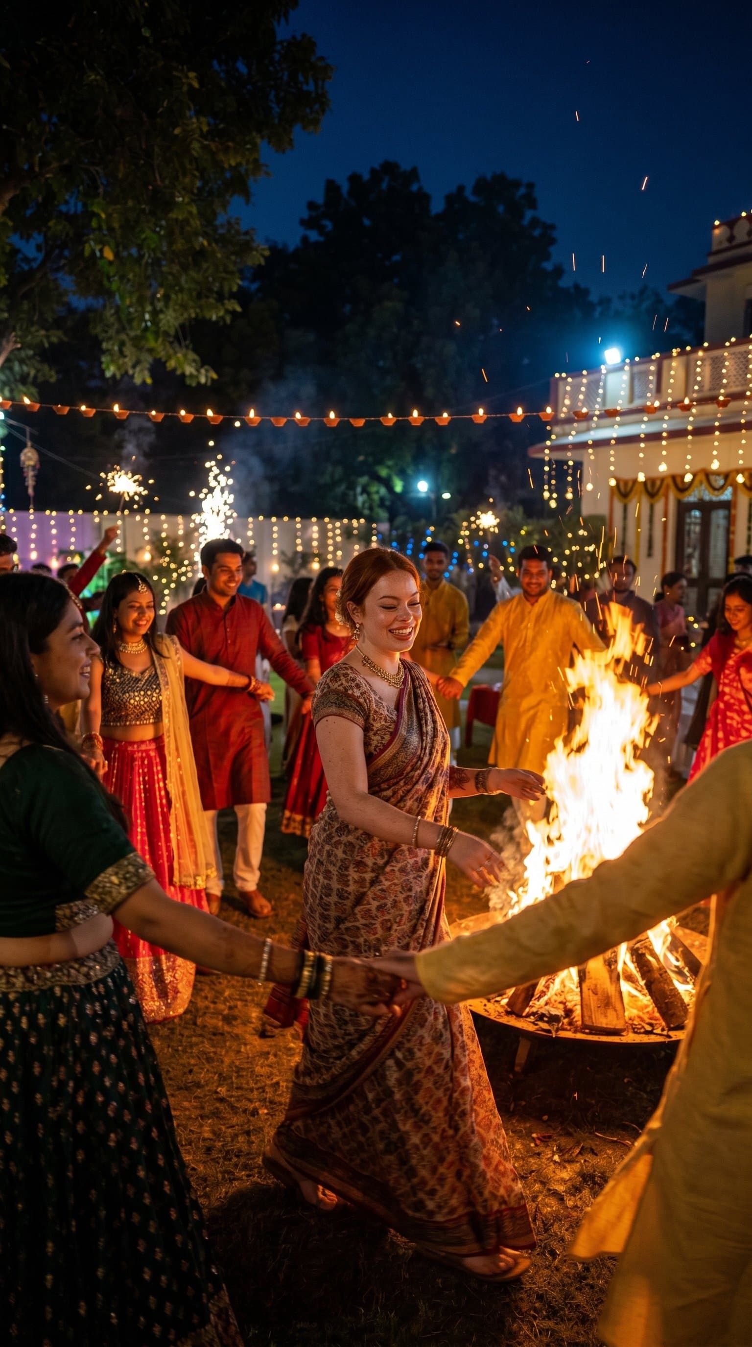 A group of people in traditional wear dancing around a brightly lit bonfire during Diwali