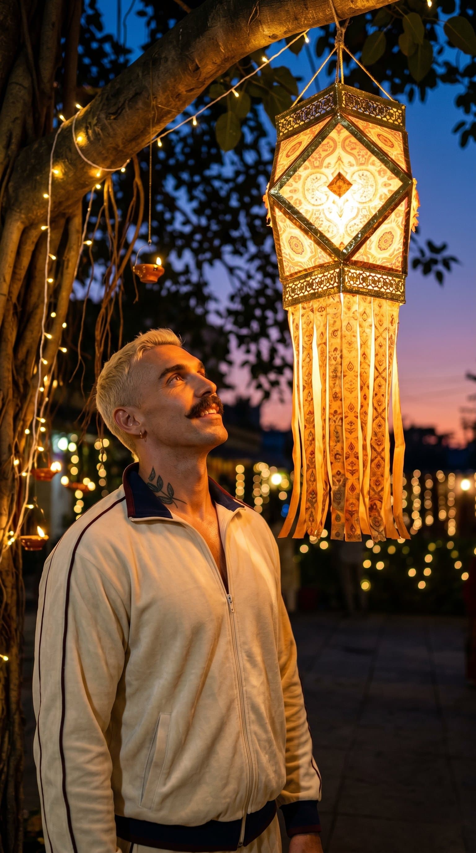 A man gazing at a beautifully decorated Diwali lan
