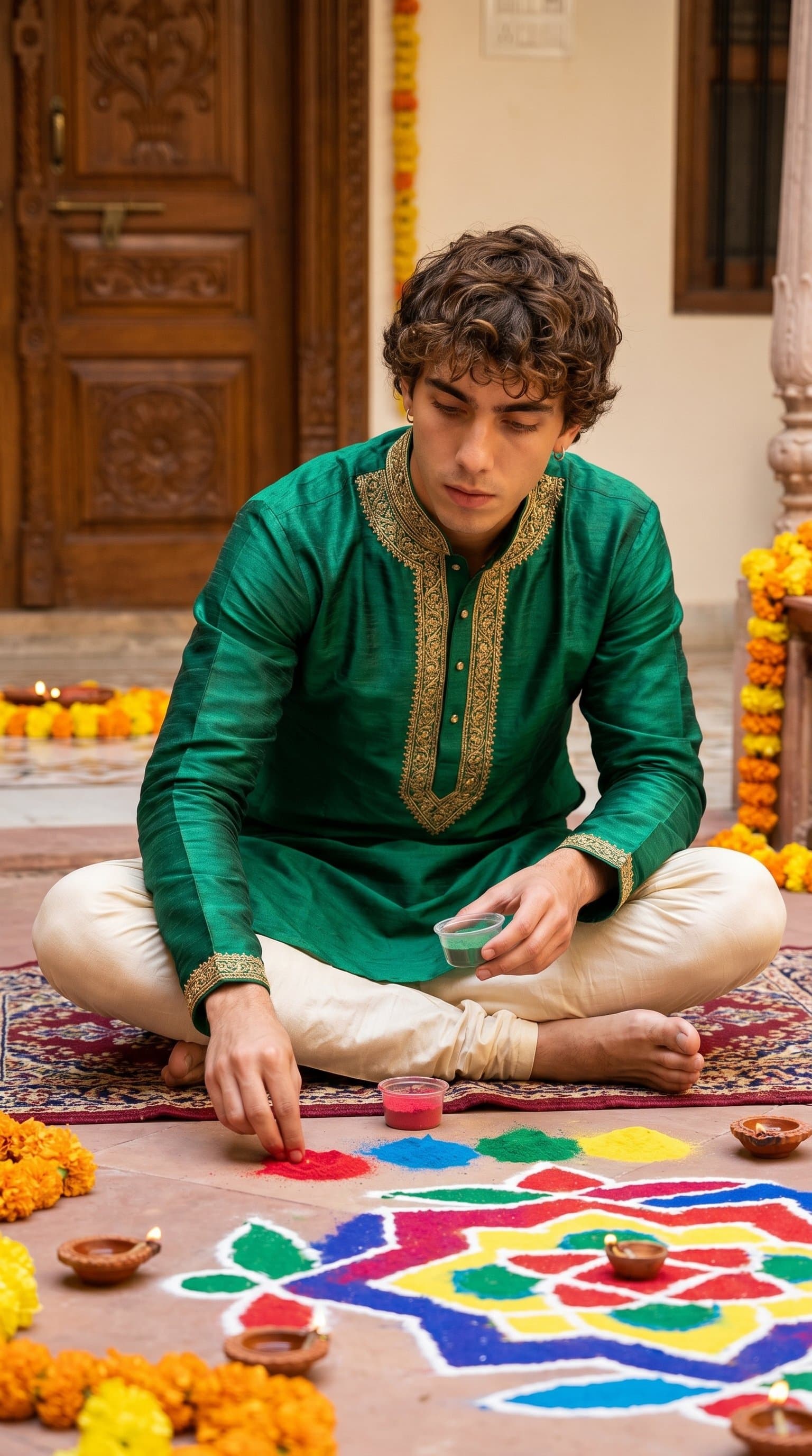 A man in traditional Indian attire, sitting cross-legged and arranging a colorful rangoli