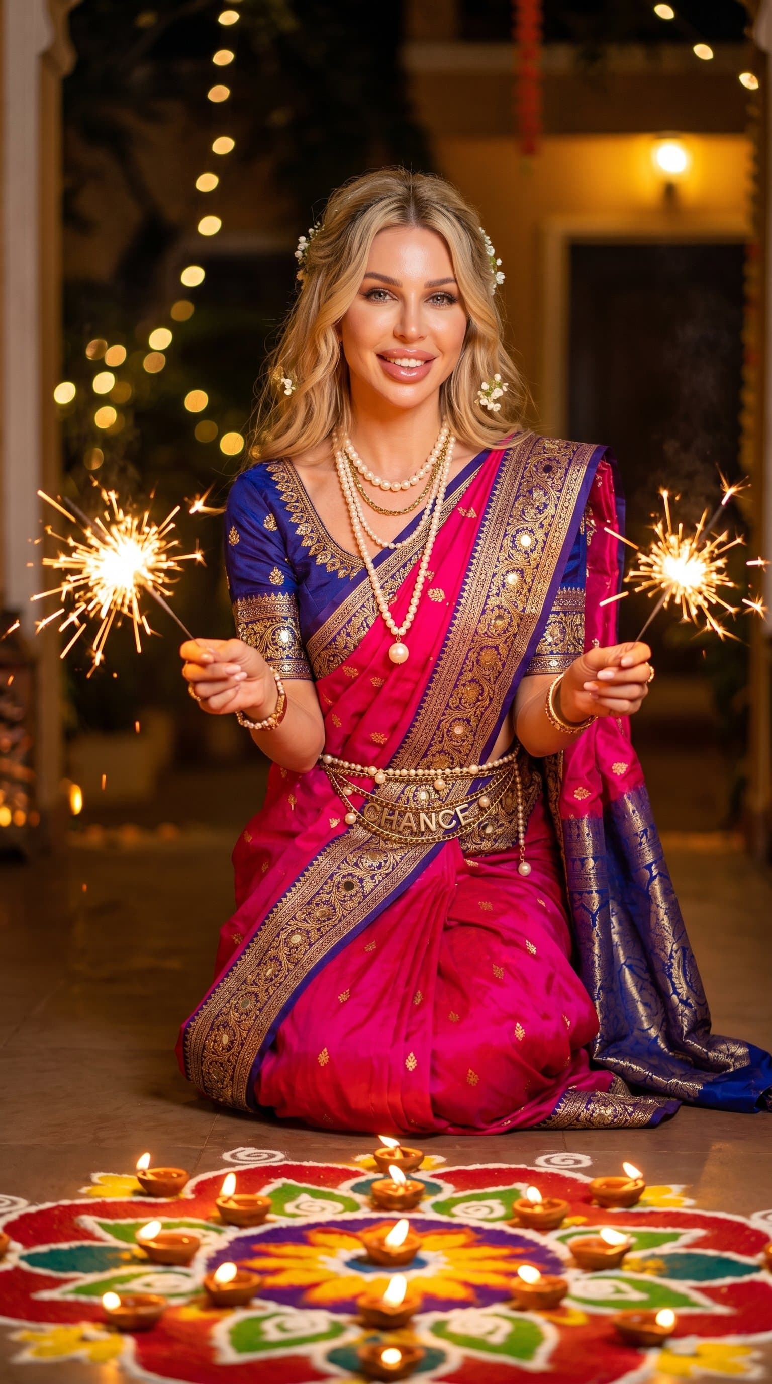 A woman wearing a vibrant saree, holding sparklers, with a lit rangoli in the foreground