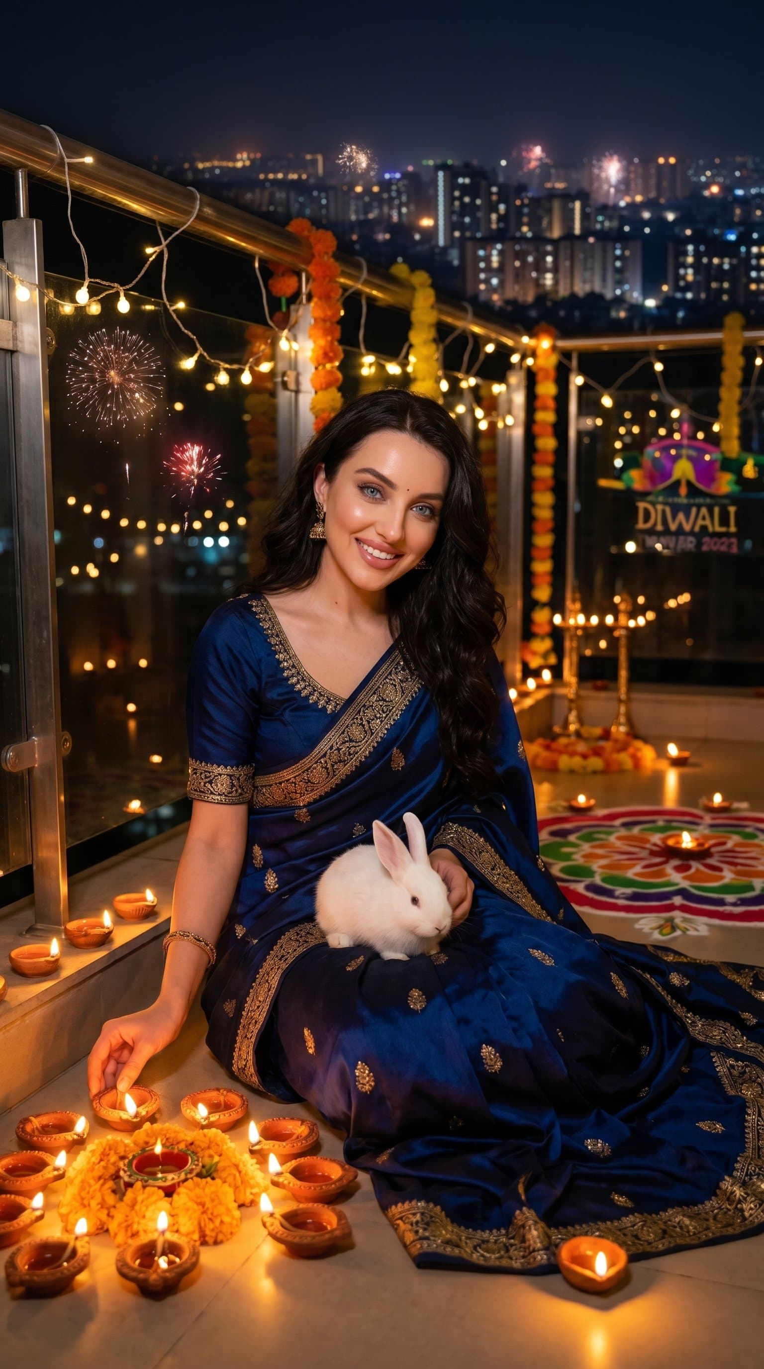 A woman enjoying a peaceful Diwali night on a balcony, with lit diyas creating a warm glow