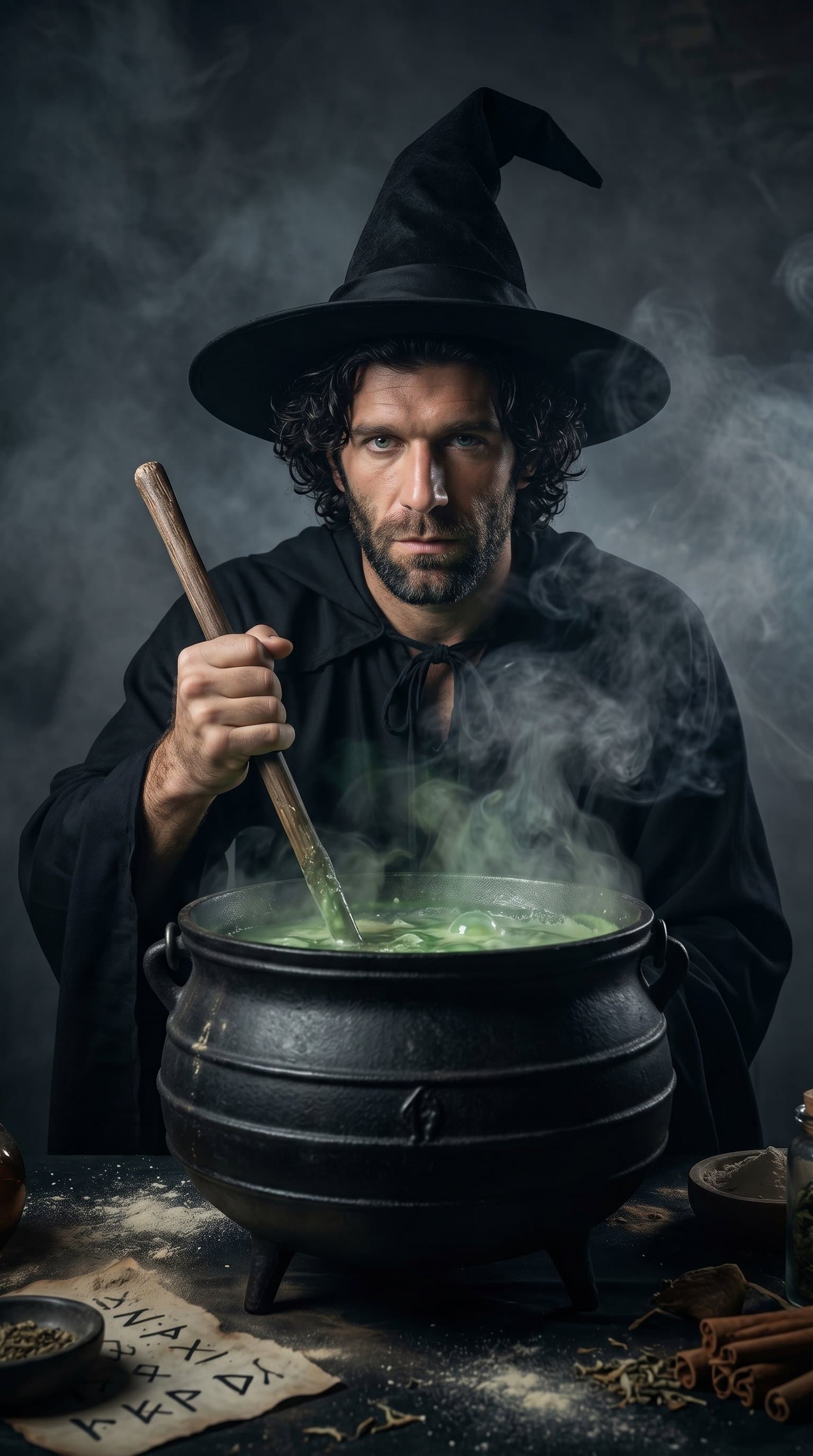 A man in a classic witch costume, stirring a bubbling cauldron with an eerie, smoky backdrop