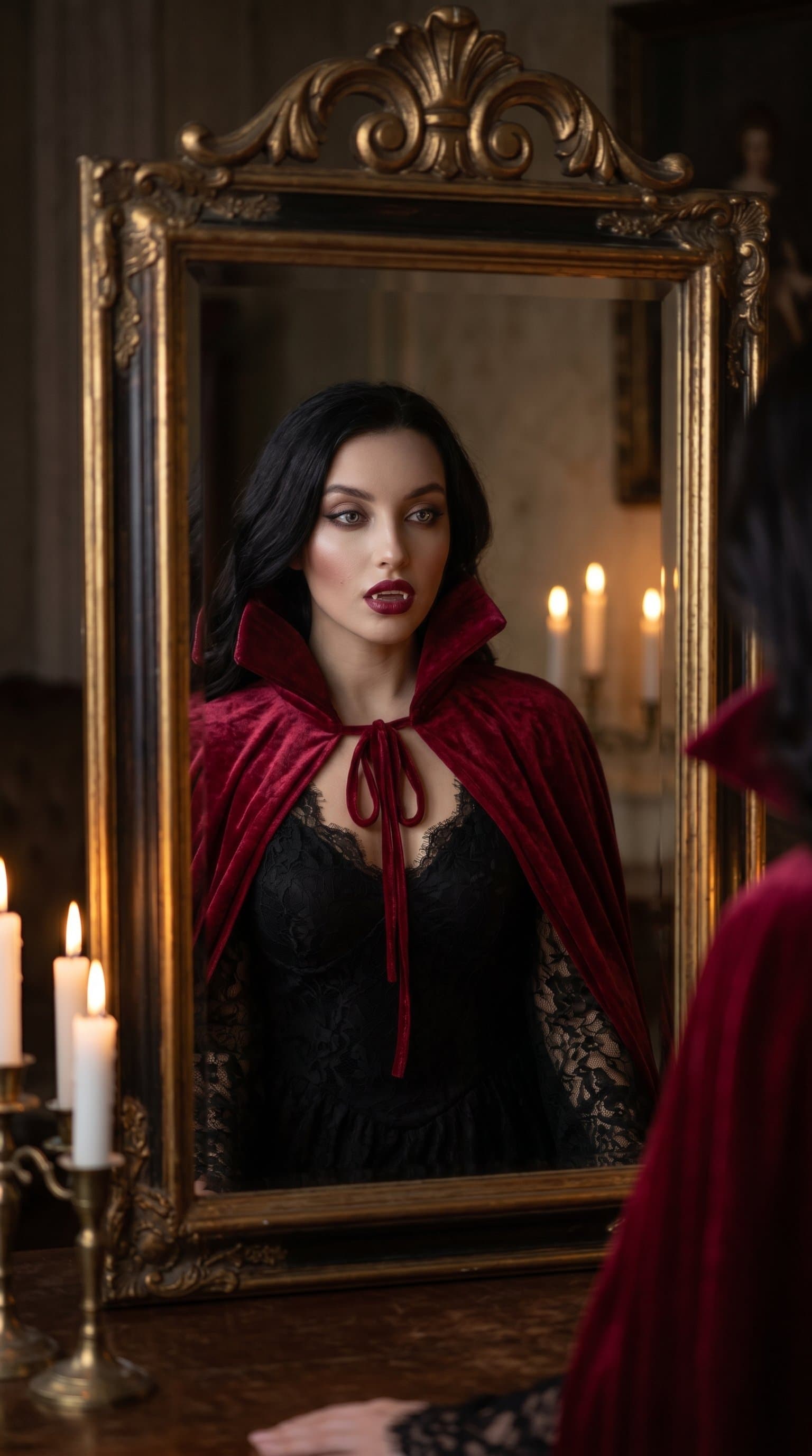 A woman in a vampire costume, looking into a vintage mirror with a serious expression under soft lighting