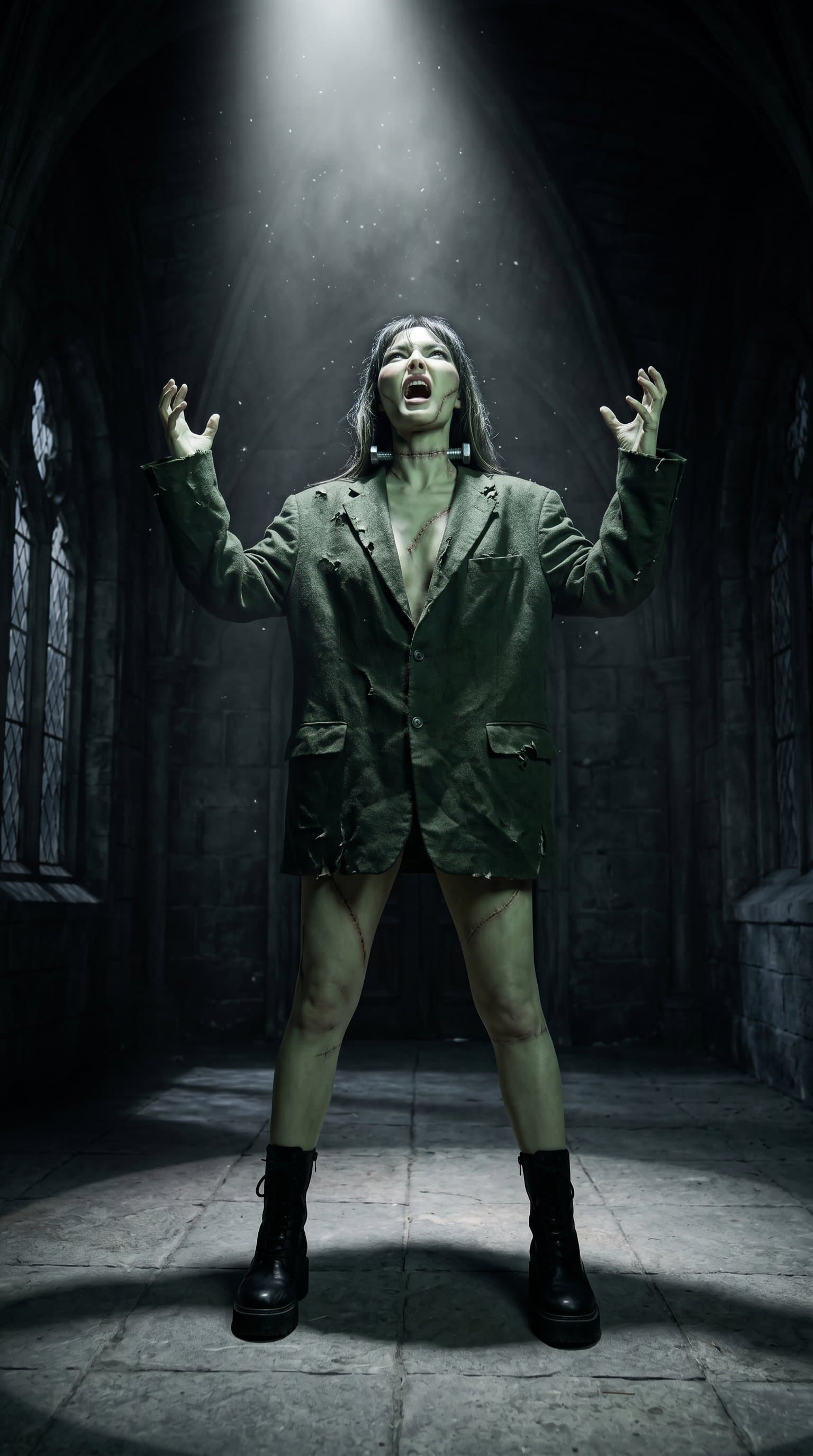 A woman wearing a Frankenstein's monster costume, posing dramatically in a gothic-style room with high contrast lighting