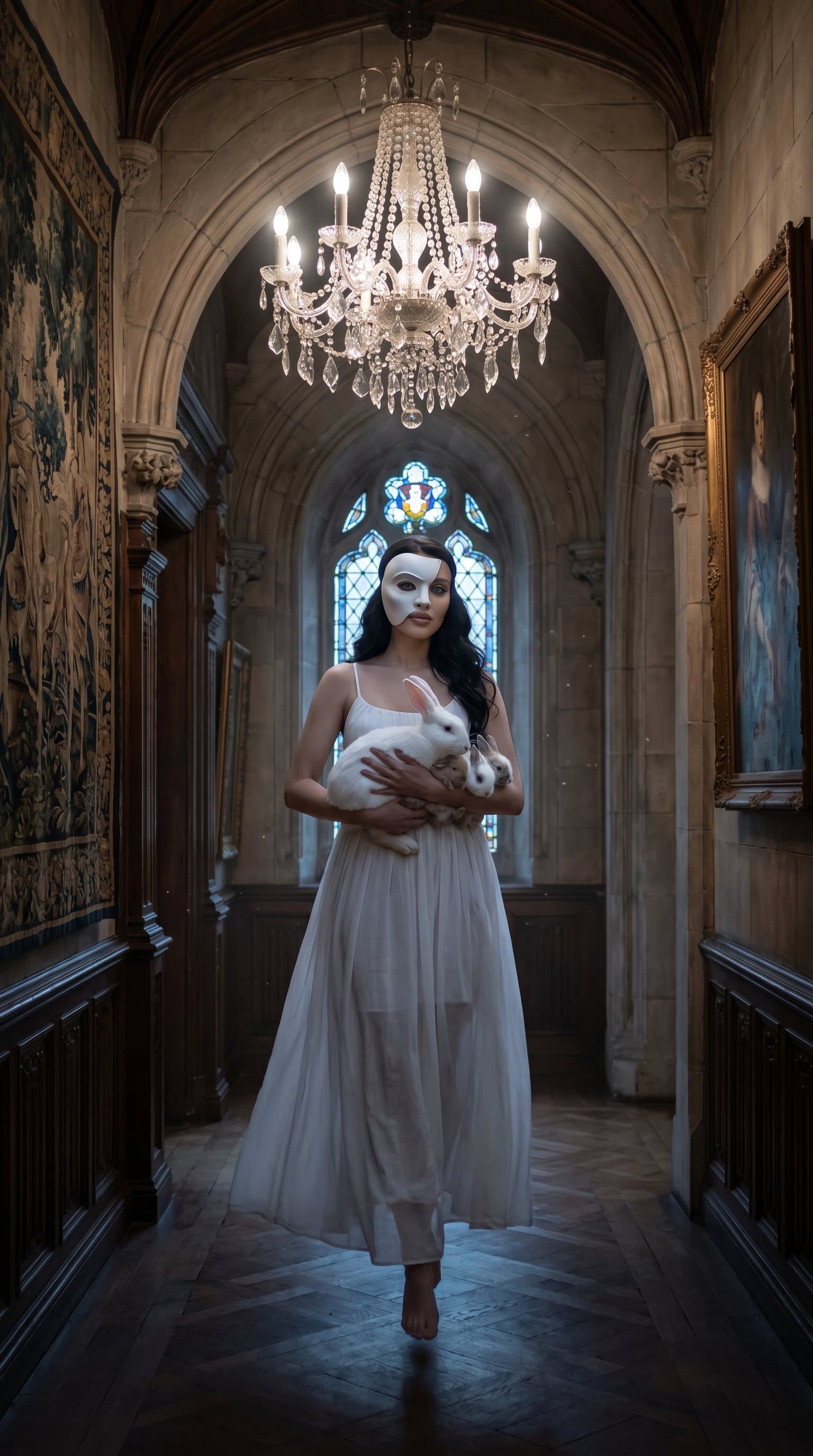 A woman in a phantom costume, haunting the halls of a gothic mansion under the soft, diffused light of a chandelier
