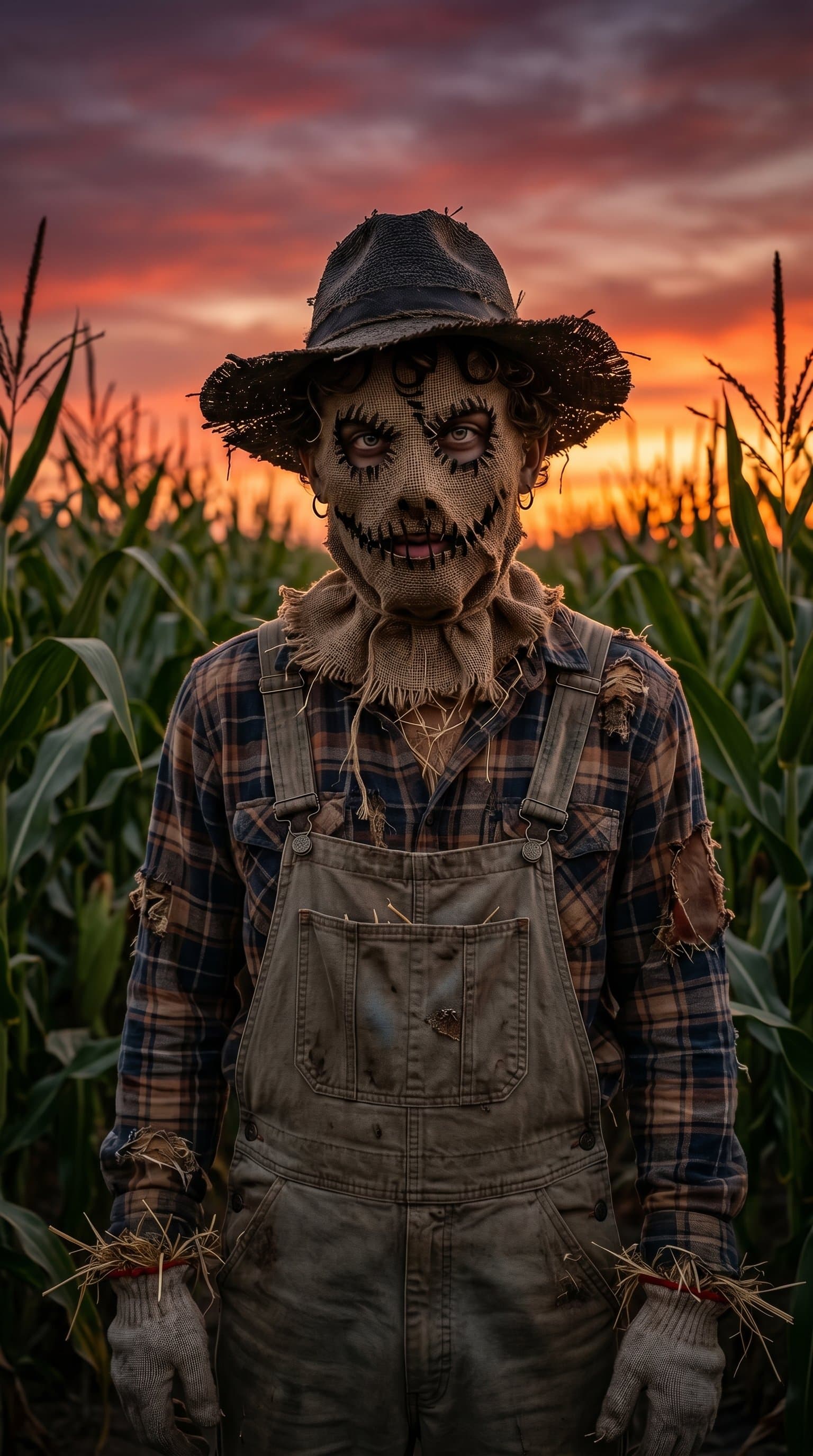 A man in a spooky scarecrow costume, standing in a cornfield with a sunset backdrop