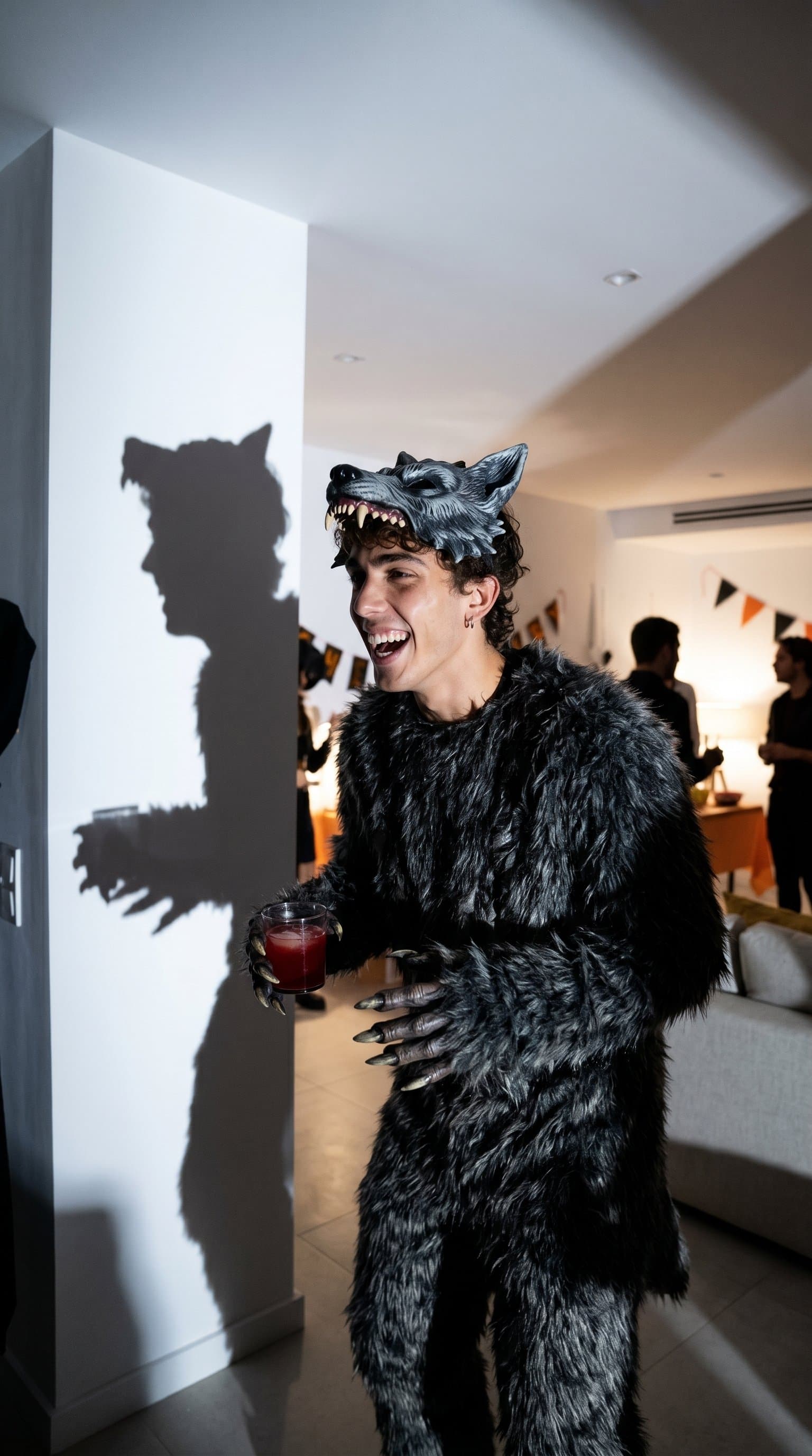 A man laughing in a brightly lit room, wearing a werewolf costume with dramatic shadow effects
