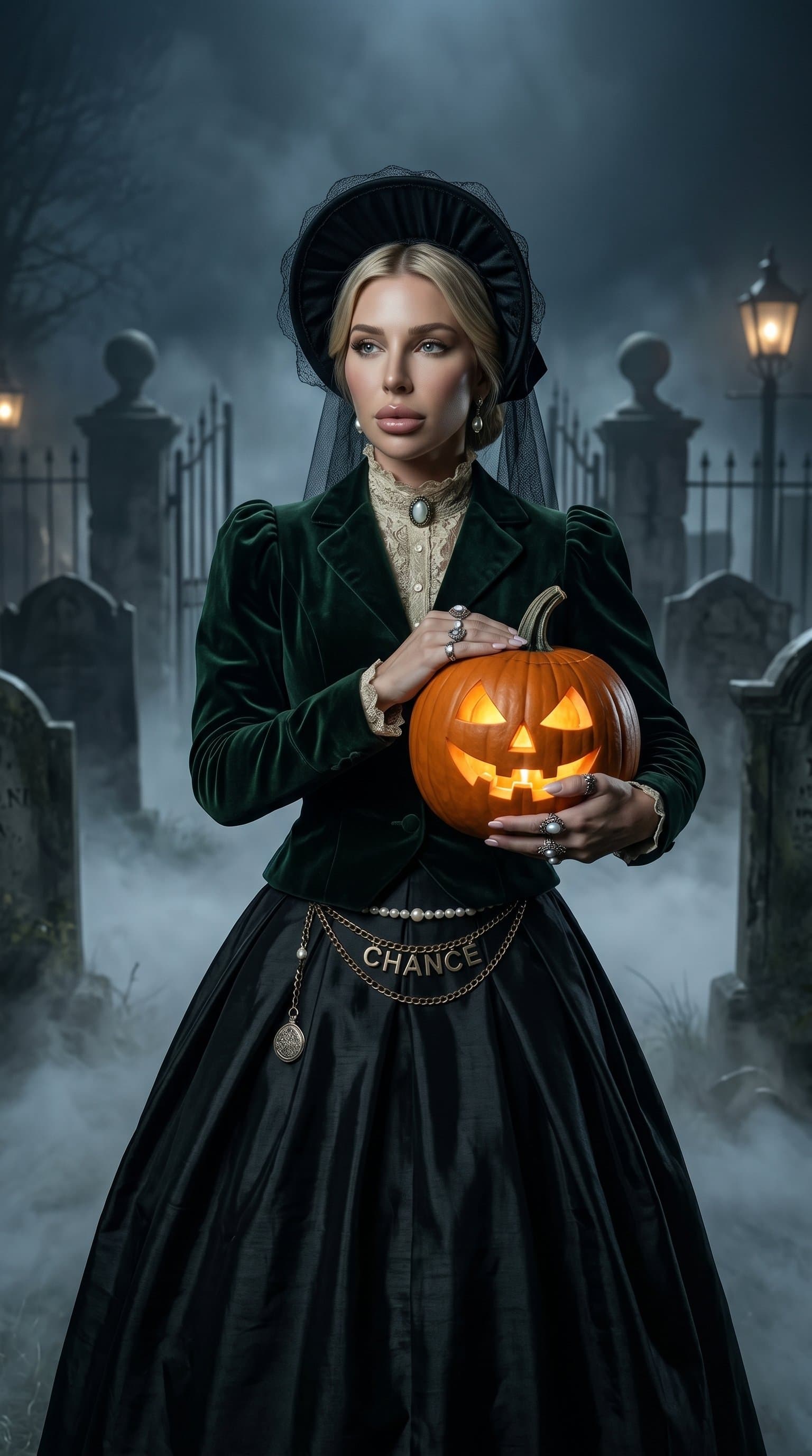 A woman in vintage Victorian clothing holding a jack-o'-lantern in a dimly-lit, foggy graveyard