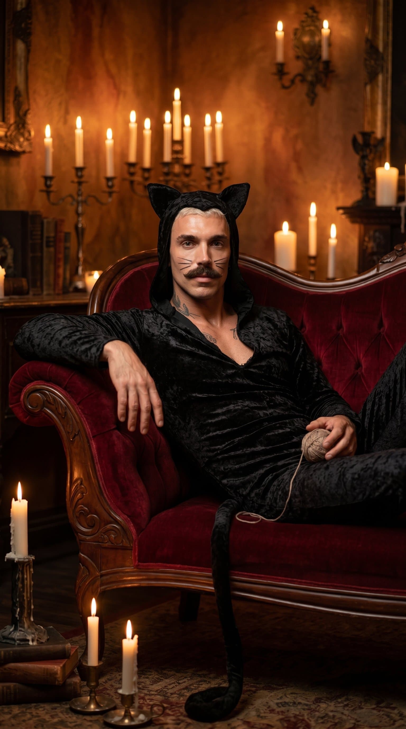 A man in a black cat costume, lounging on a crimson velvet chaise longue in a candlelit room