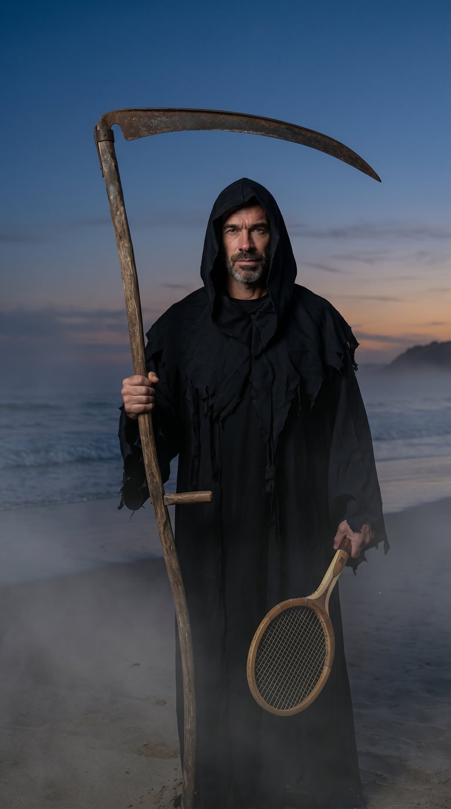 A man in a grim reaper costume, looming ominously on a misty beach under twilight skies