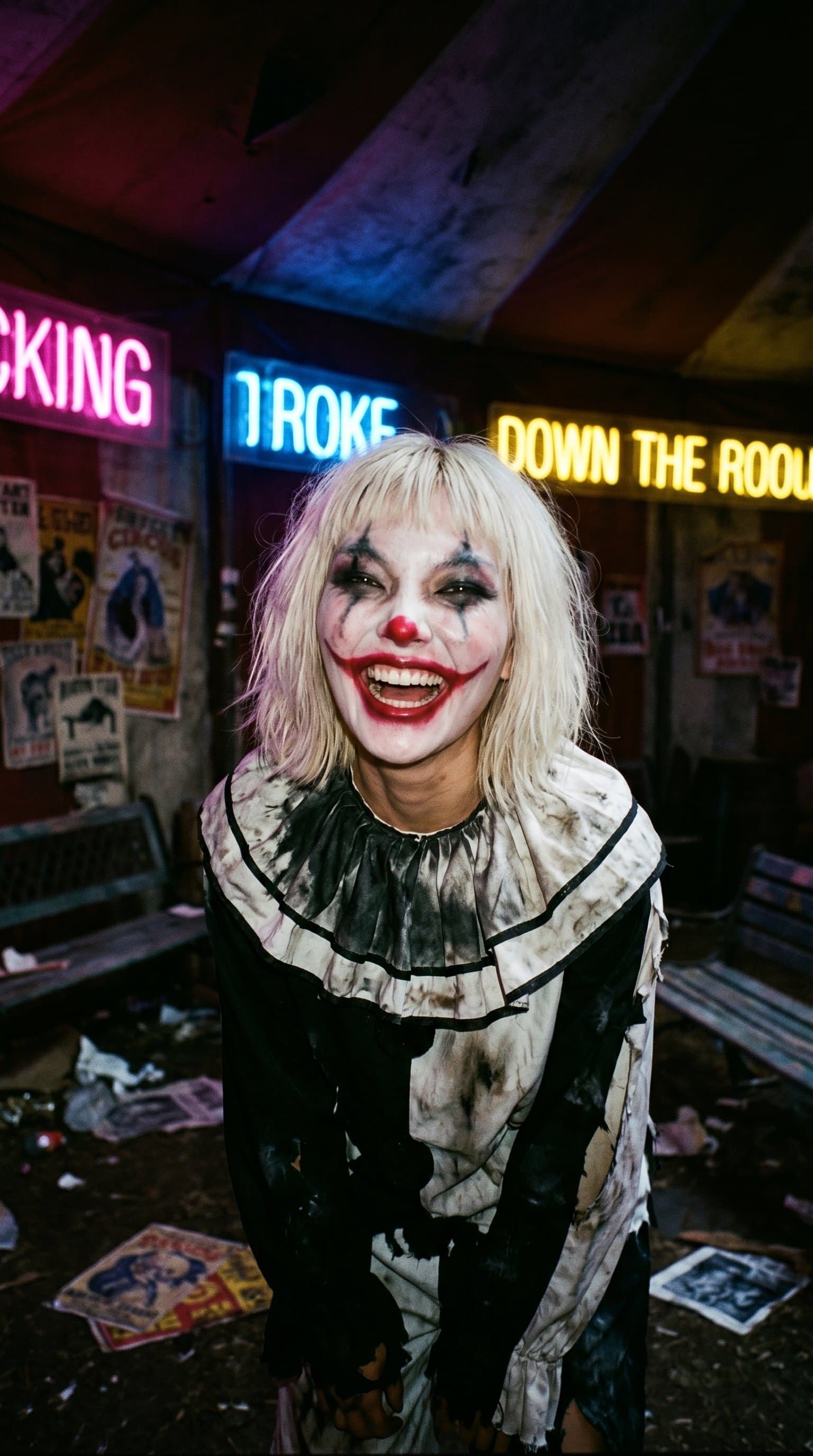 A woman wearing a creepy clown costume, laughing maniacally in a run-down, abandoned circus under flickering neon lights