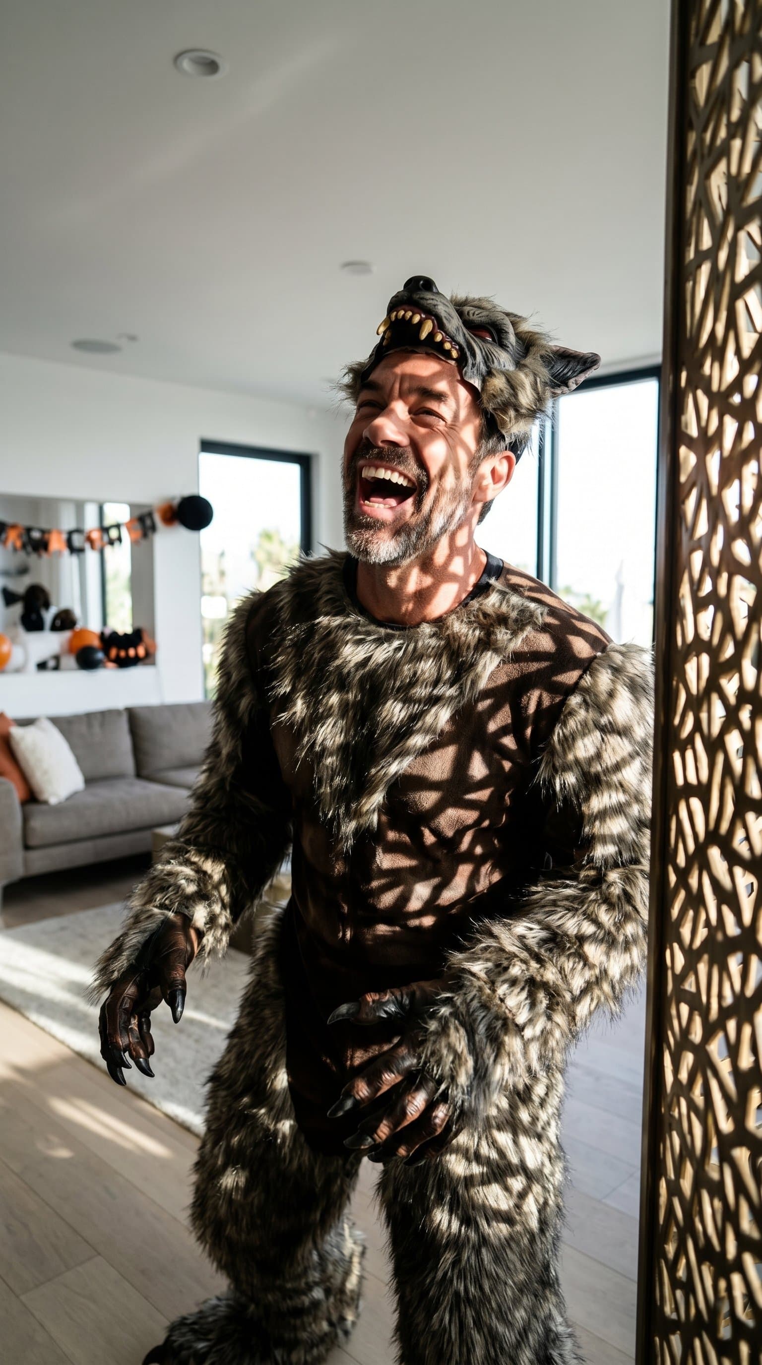 A man laughing in a brightly lit room, wearing a werewolf costume with dramatic shadow effects