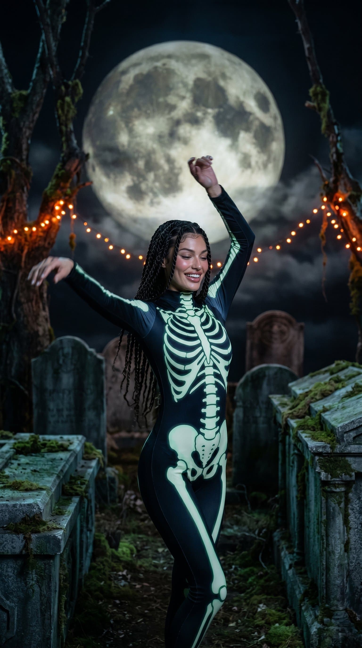 A woman in a skeleton costume, dancing amidst the gravestones with a creepy full moon in the background
