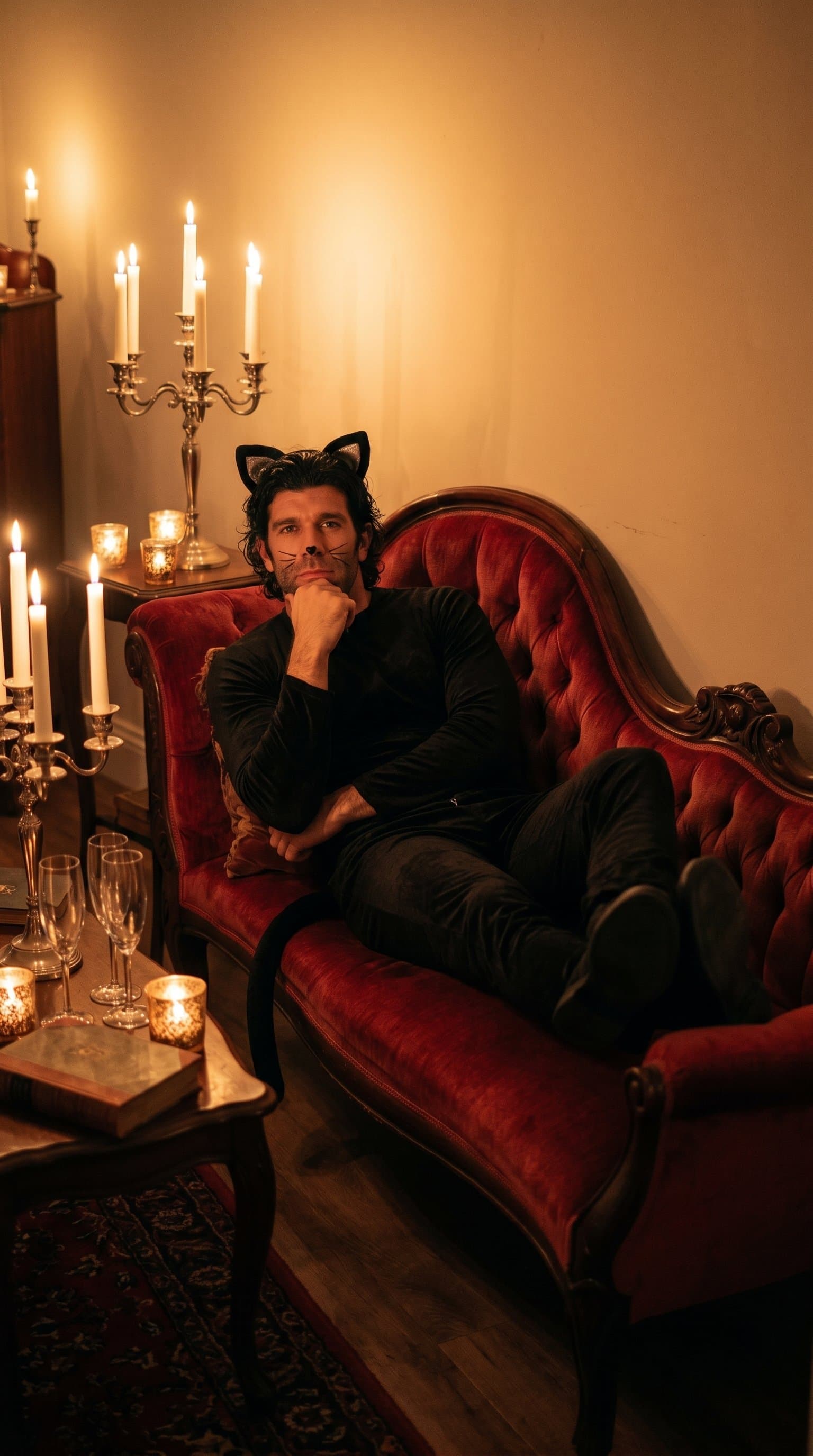 A man in a black cat costume, lounging on a crimson velvet chaise longue in a candlelit room
