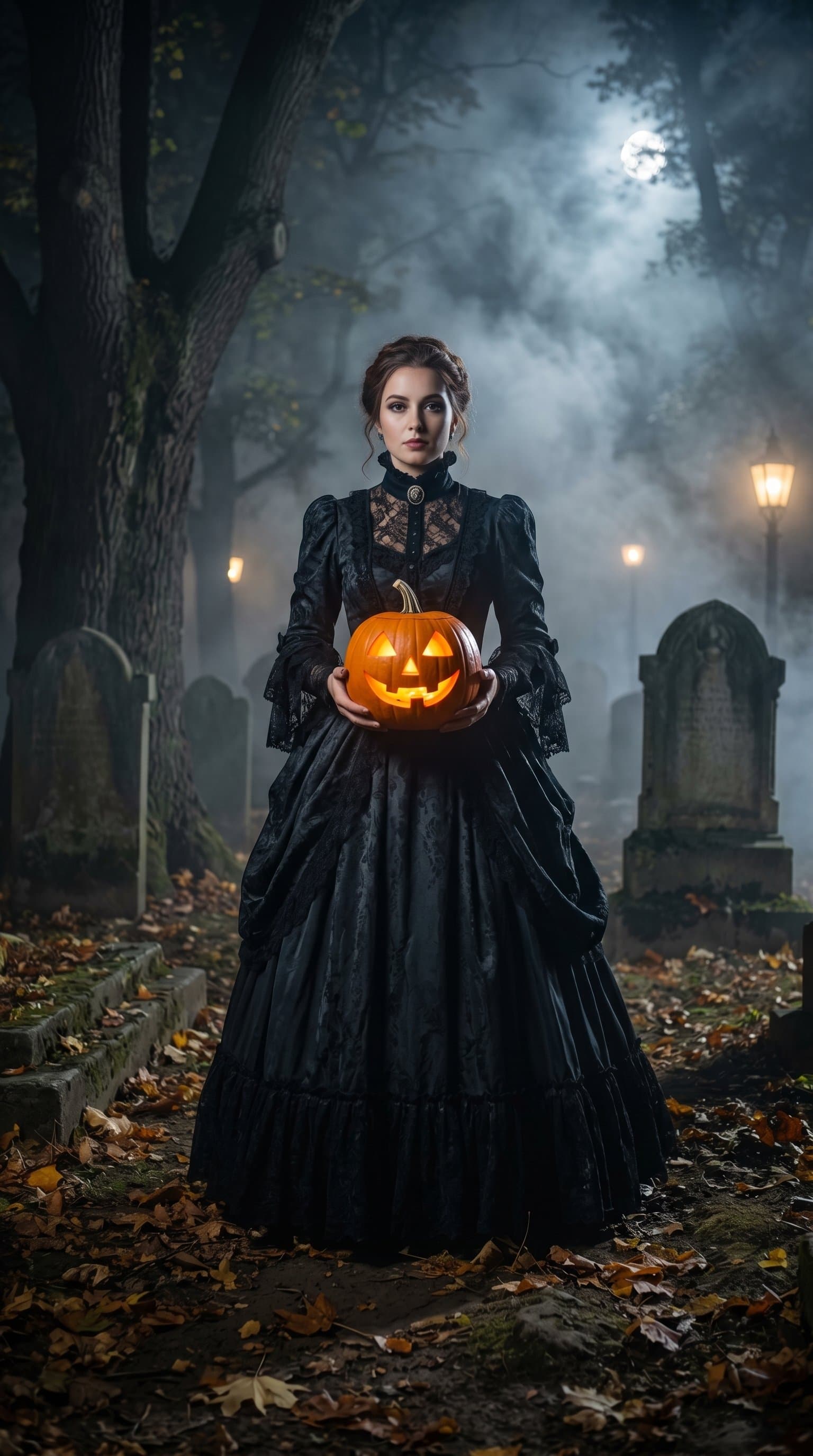 A woman in vintage Victorian clothing holding a jack-o'-lantern in a dimly-lit, foggy graveyard