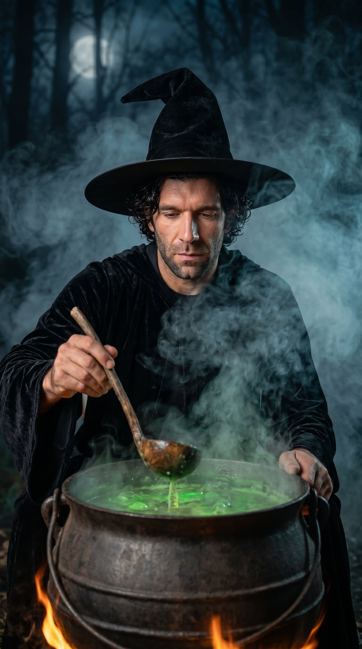 A man in a classic witch costume, stirring a bubbling cauldron with an eerie, smoky backdrop