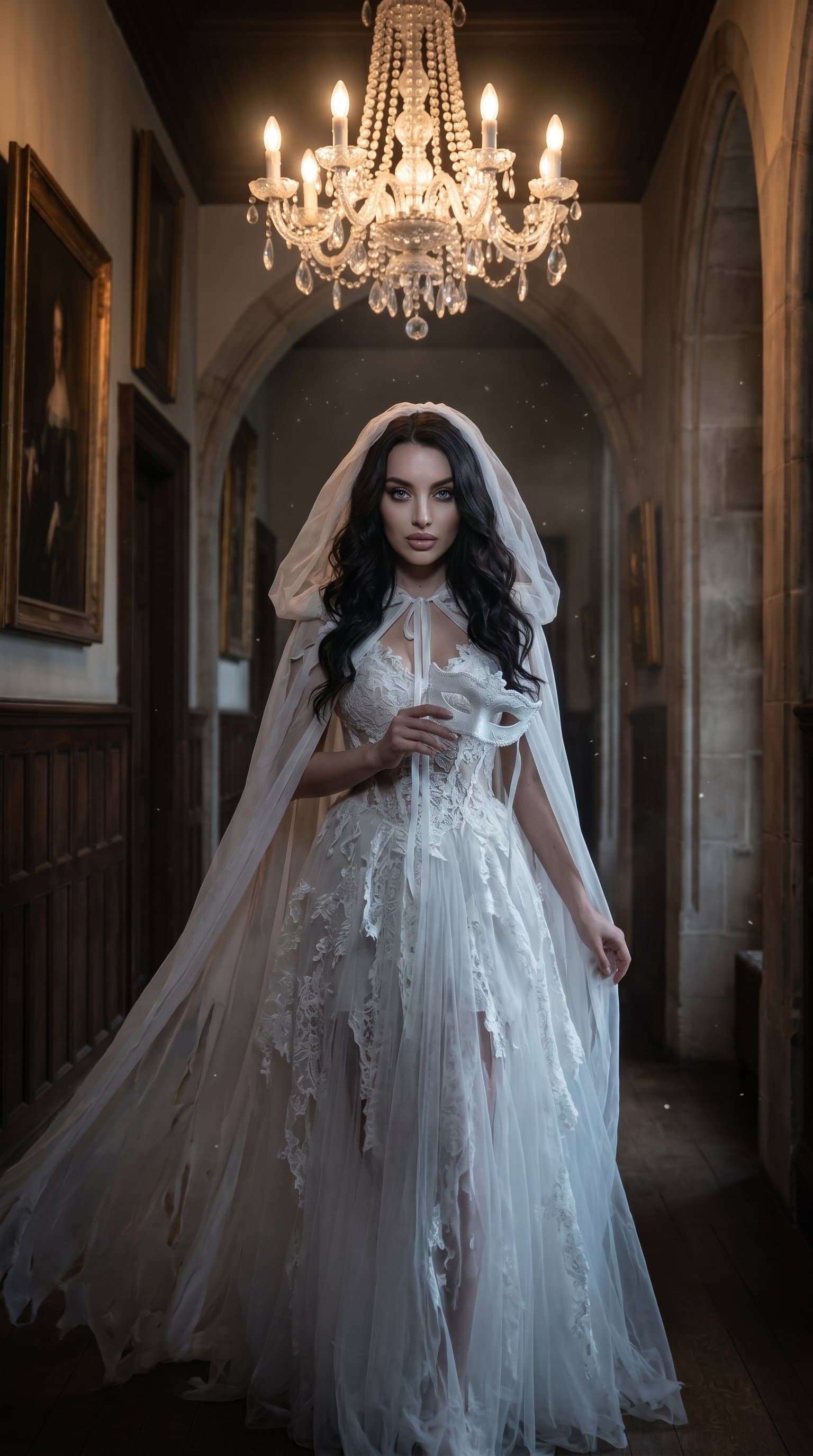 A woman in a phantom costume, haunting the halls of a gothic mansion under the soft, diffused light of a chandelier