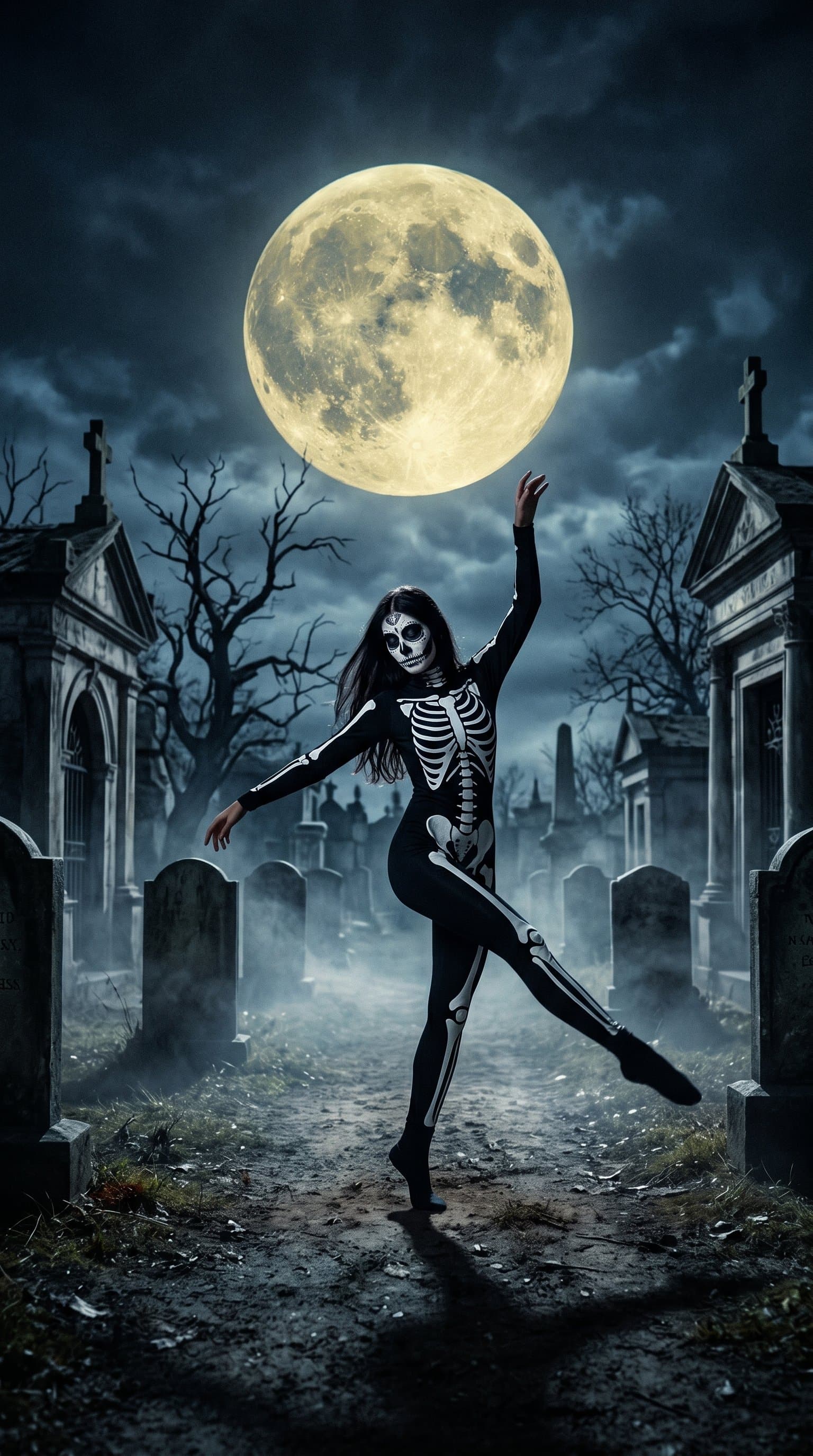 A woman in a skeleton costume, dancing amidst the gravestones with a creepy full moon in the background