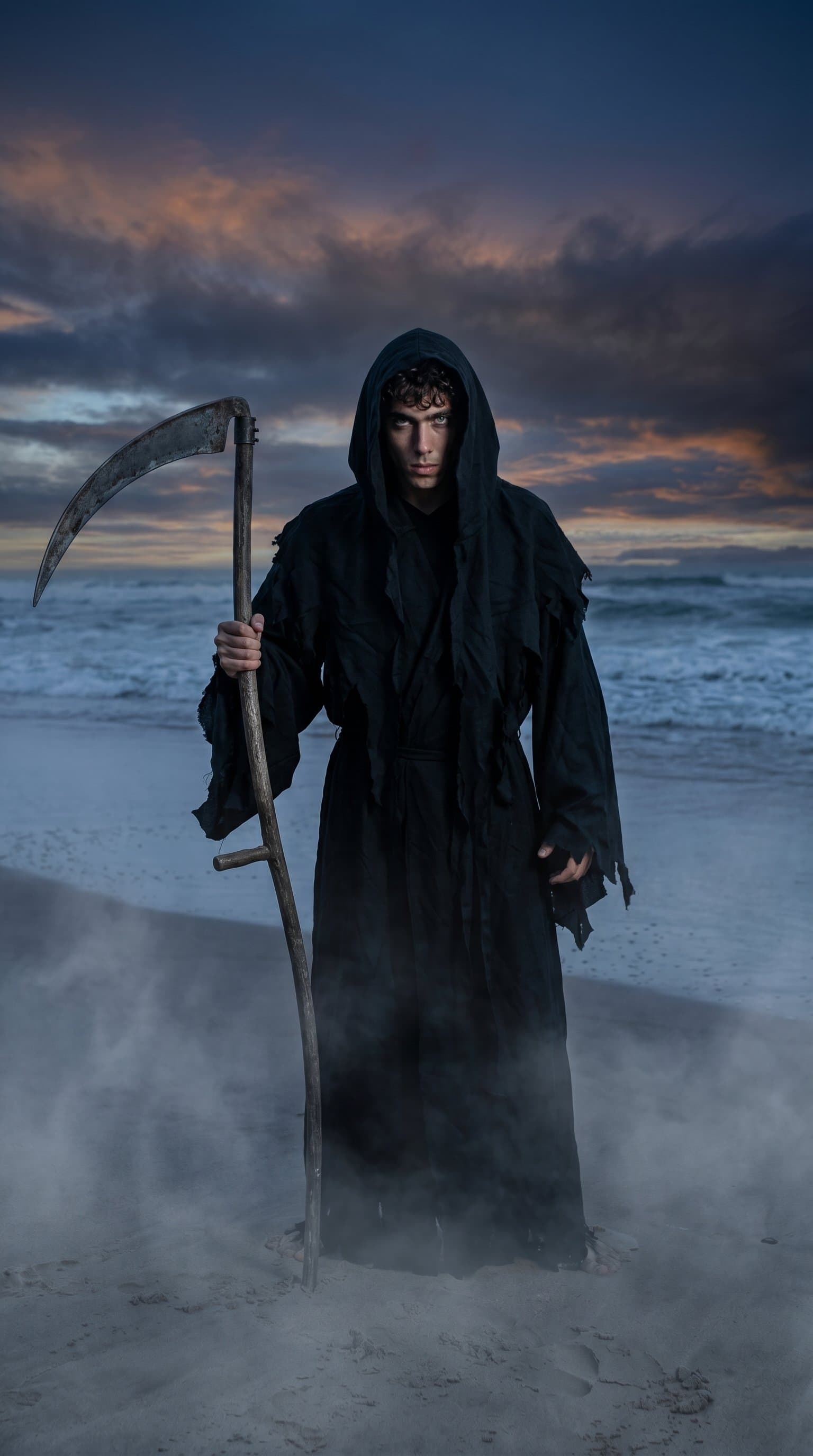 A man in a grim reaper costume, looming ominously on a misty beach under twilight skies