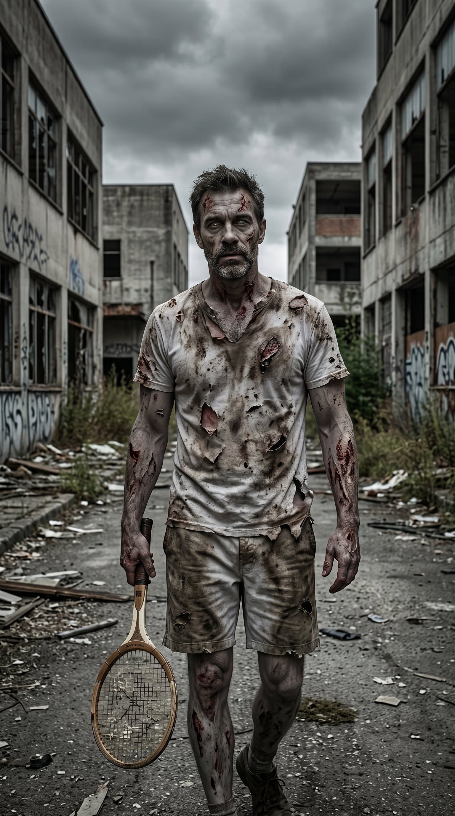 A man in a zombie costume roaming in a desolated urban background under the gloomy, overcast sky