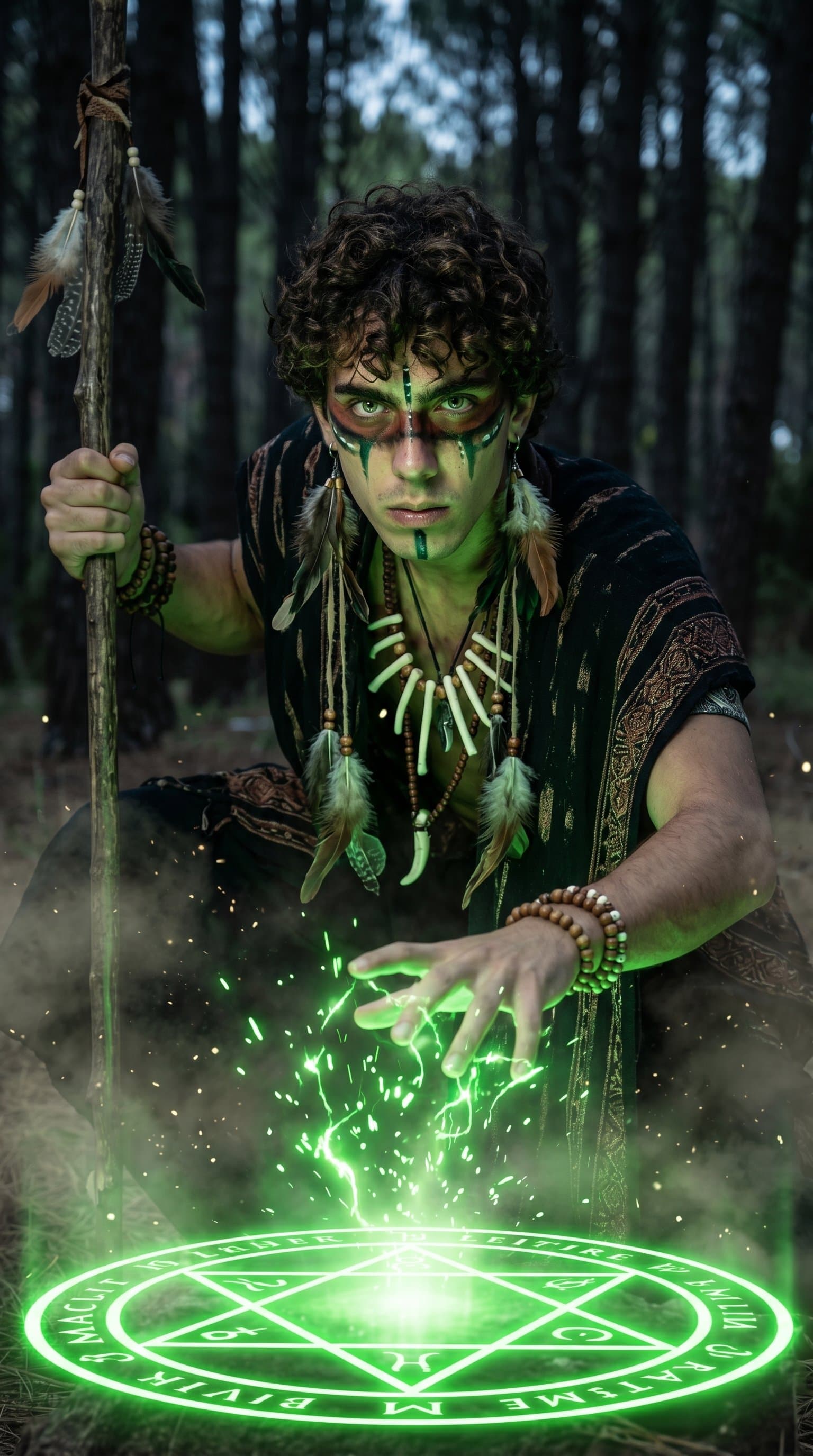 A man dressed as a witch doctor, casting a spell in a dusky forest with an eerie green glow