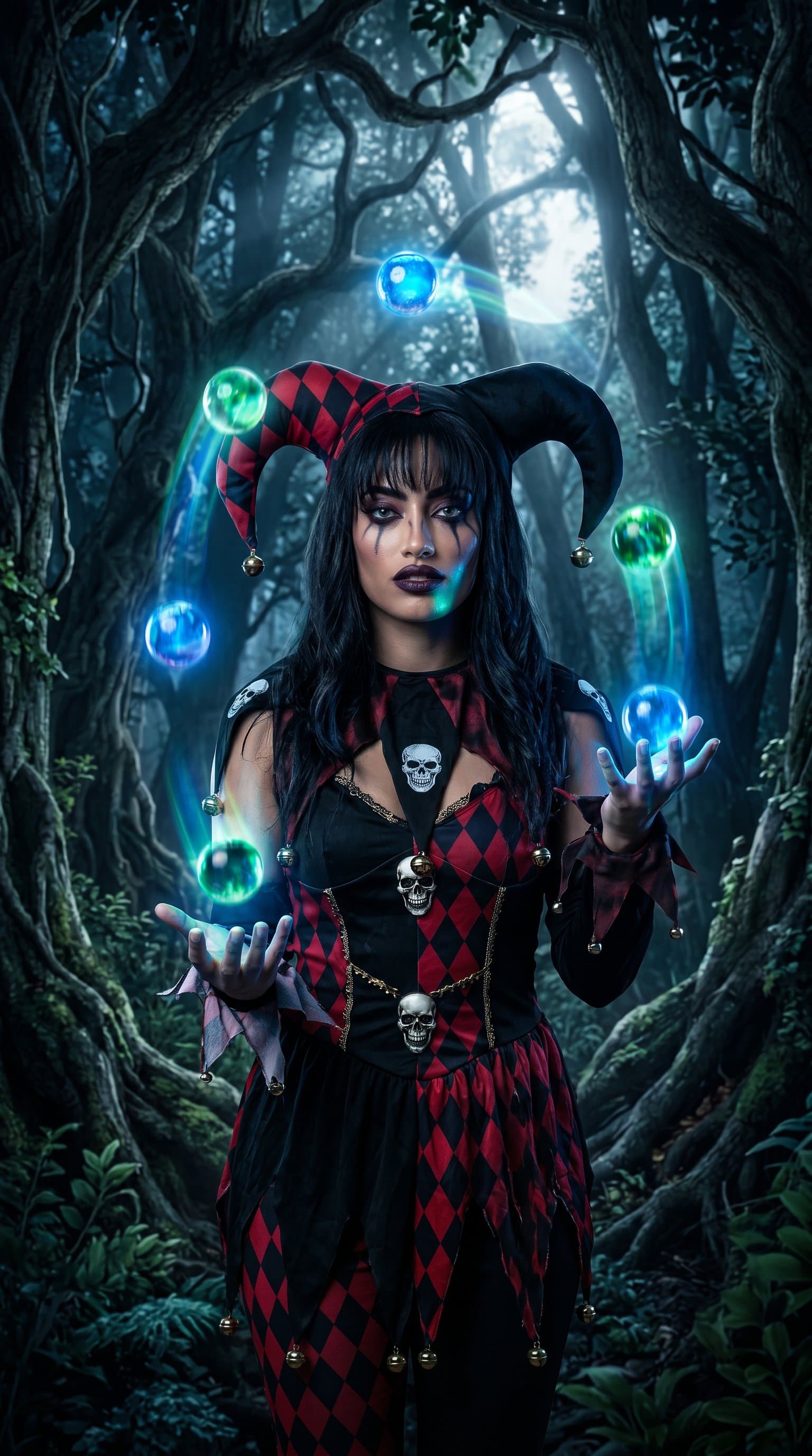 A woman dressed as a spooky jester, juggling glowing orbs in a dark forest illuminated by moonlight