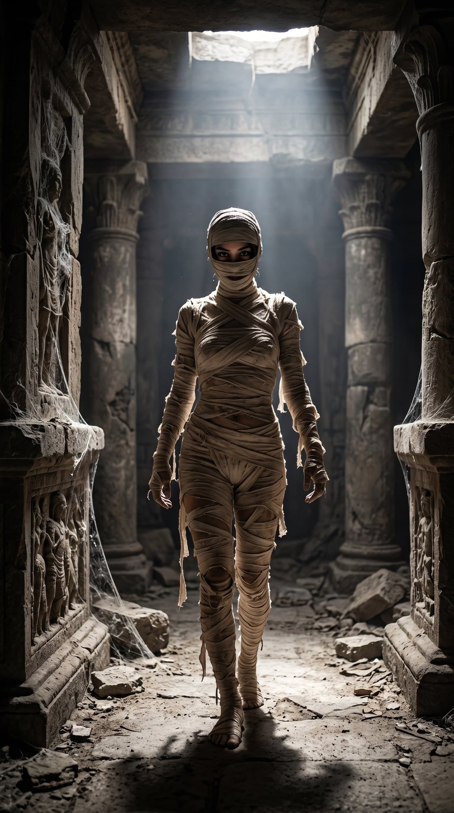 A woman in a mummy costume, wandering through an ancient, crumbling ruin under harsh, dramatic lighting