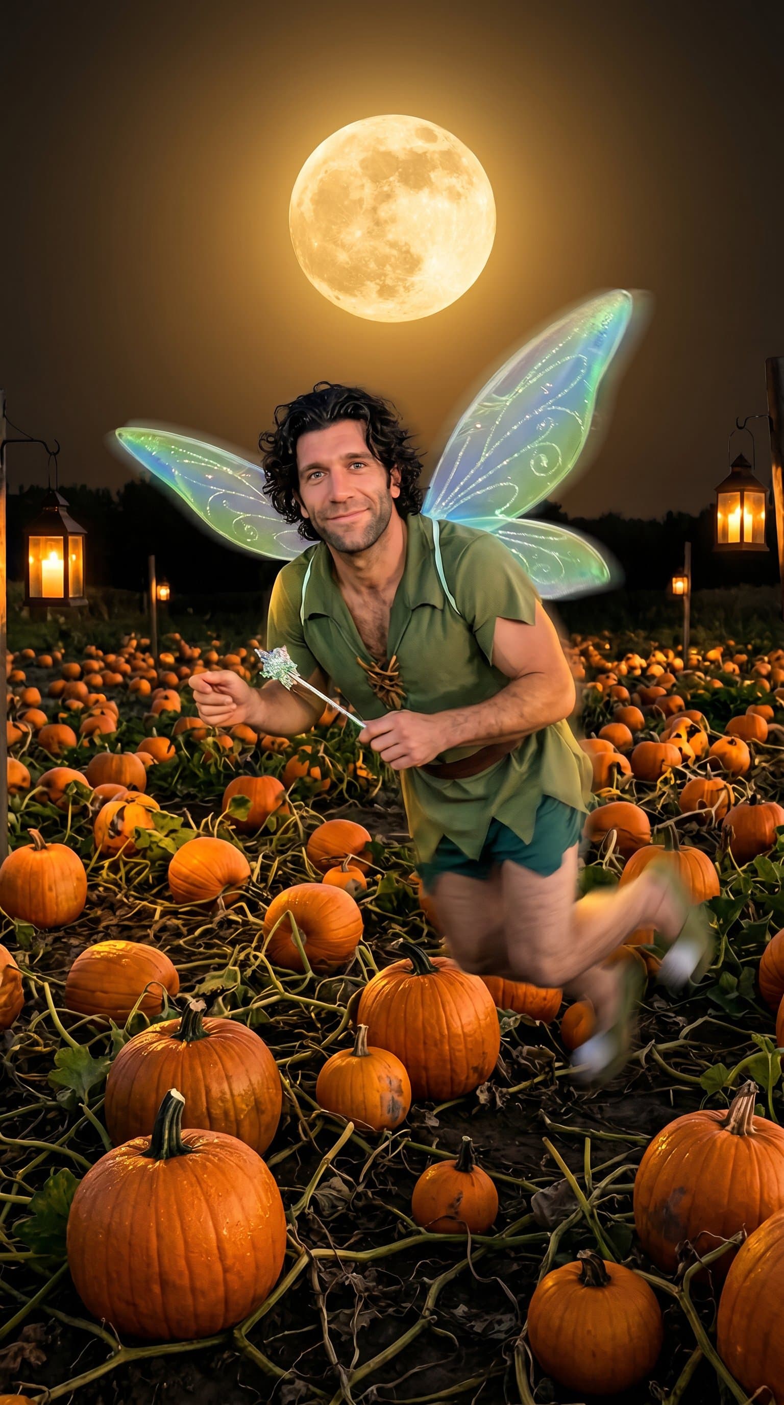 A man in a Halloween fairy costume, fluttering around a pumpkin patch under the soft, golden glow of a harvest moon