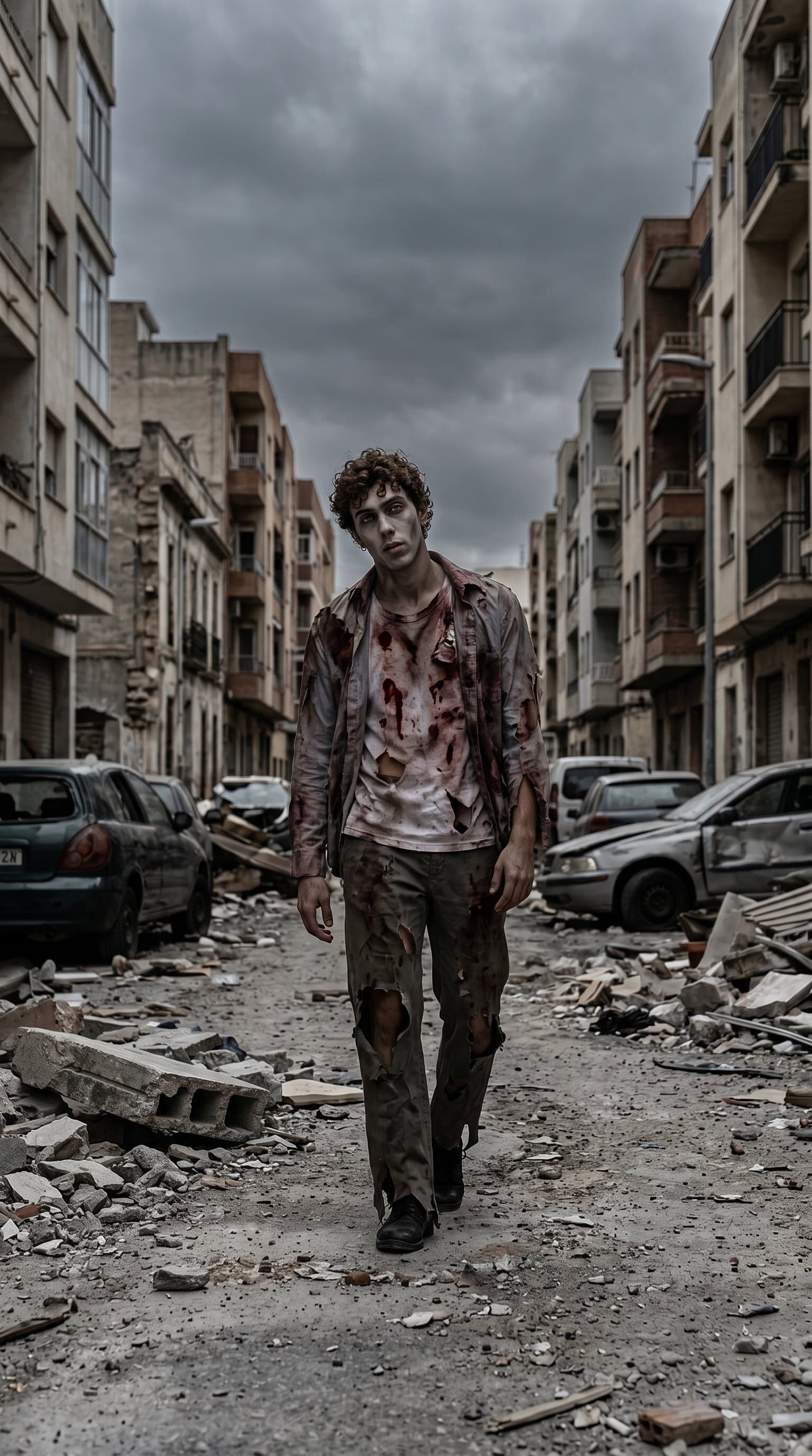 A man in a zombie costume roaming in a desolated u