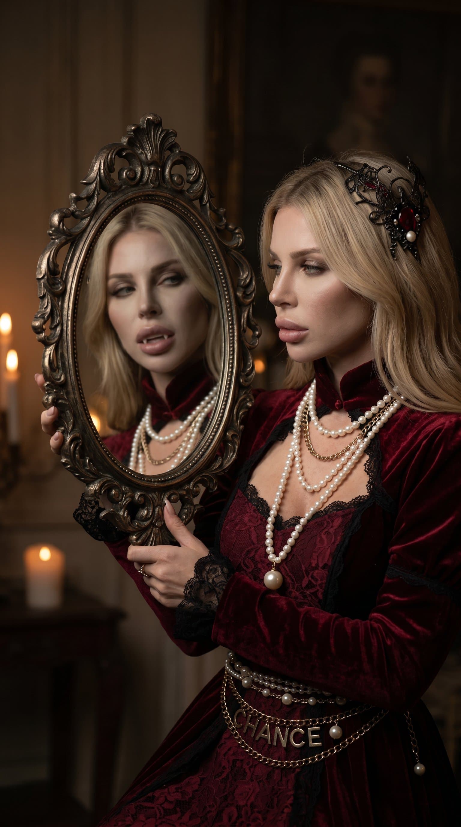 A woman in a vampire costume, looking into a vintage mirror with a serious expression under soft lighting