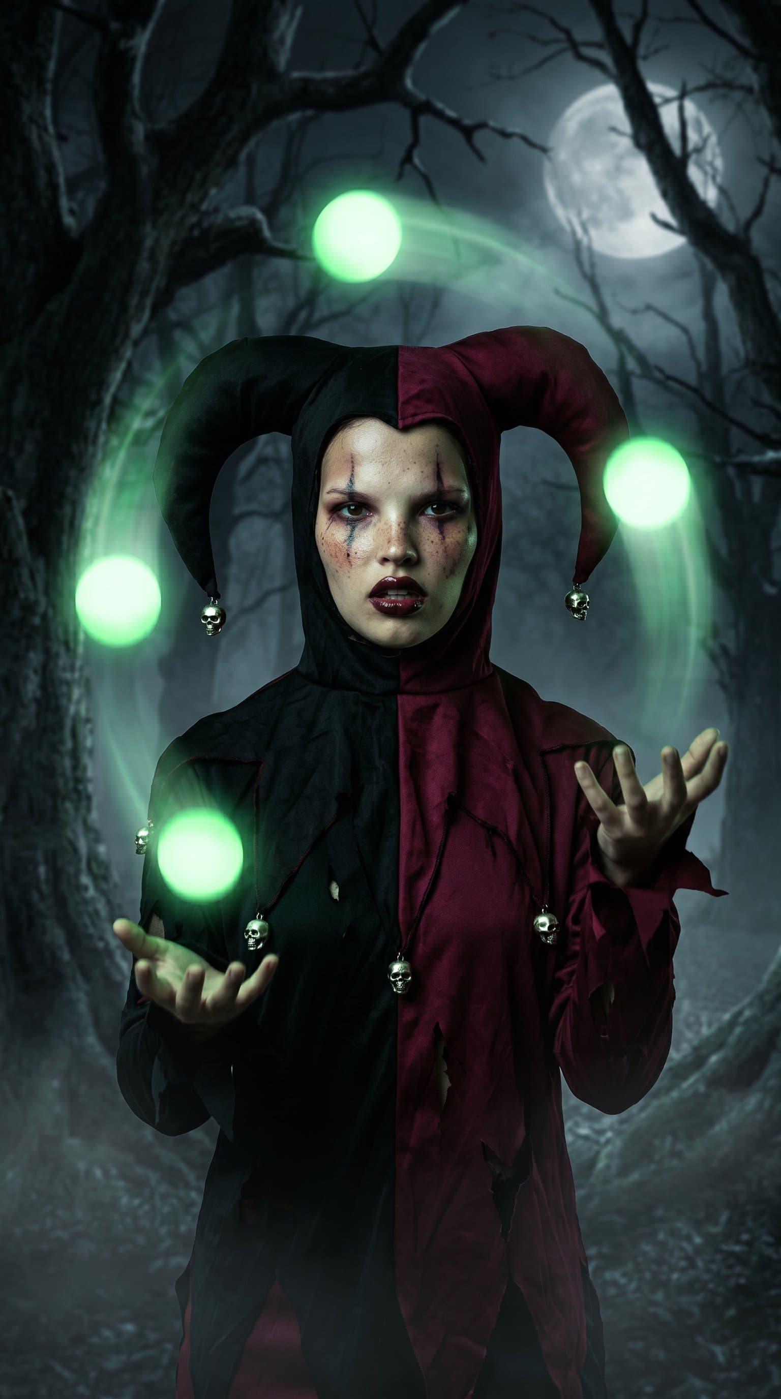 A woman dressed as a spooky jester, juggling glowing orbs in a dark forest illuminated by moonlight