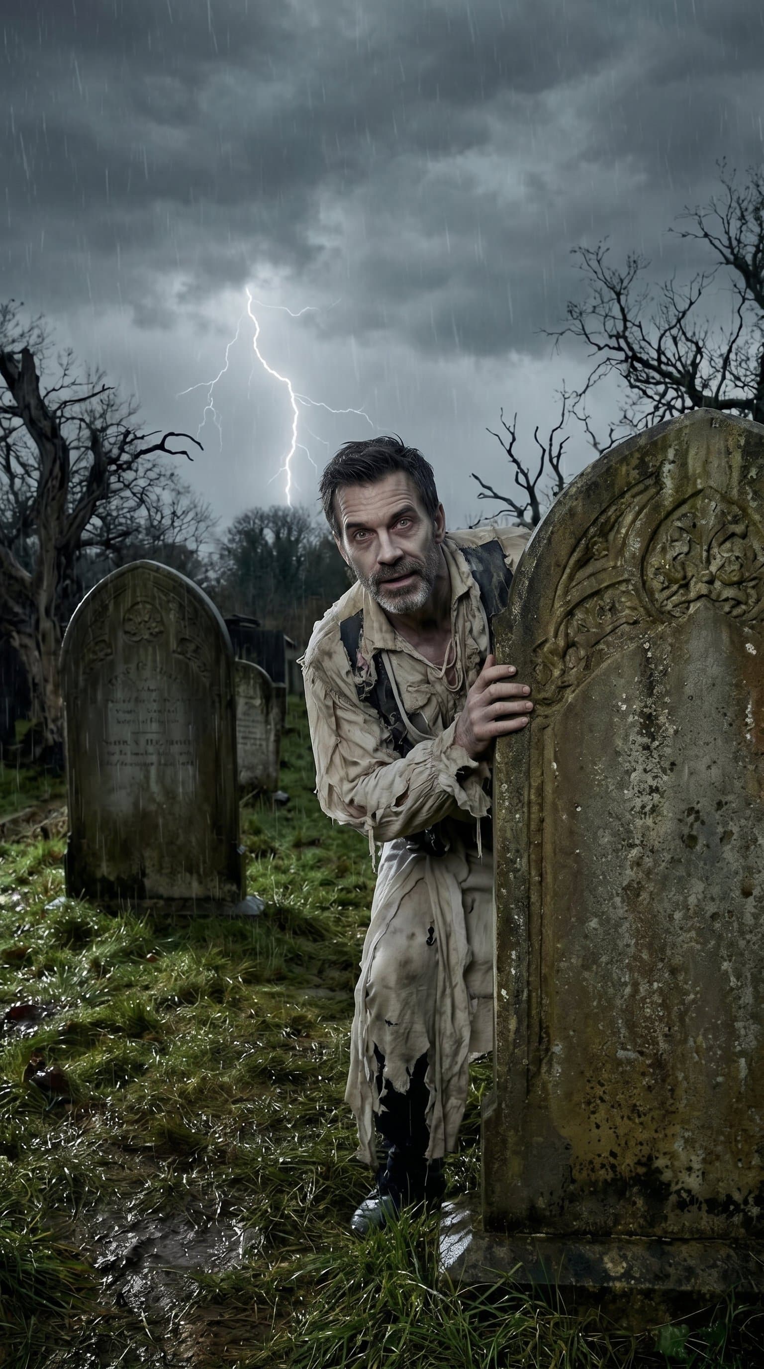 A man in a ghoul costume, peeking from behind an ancient tombstone in a graveyard under a gloomy, stormy sky