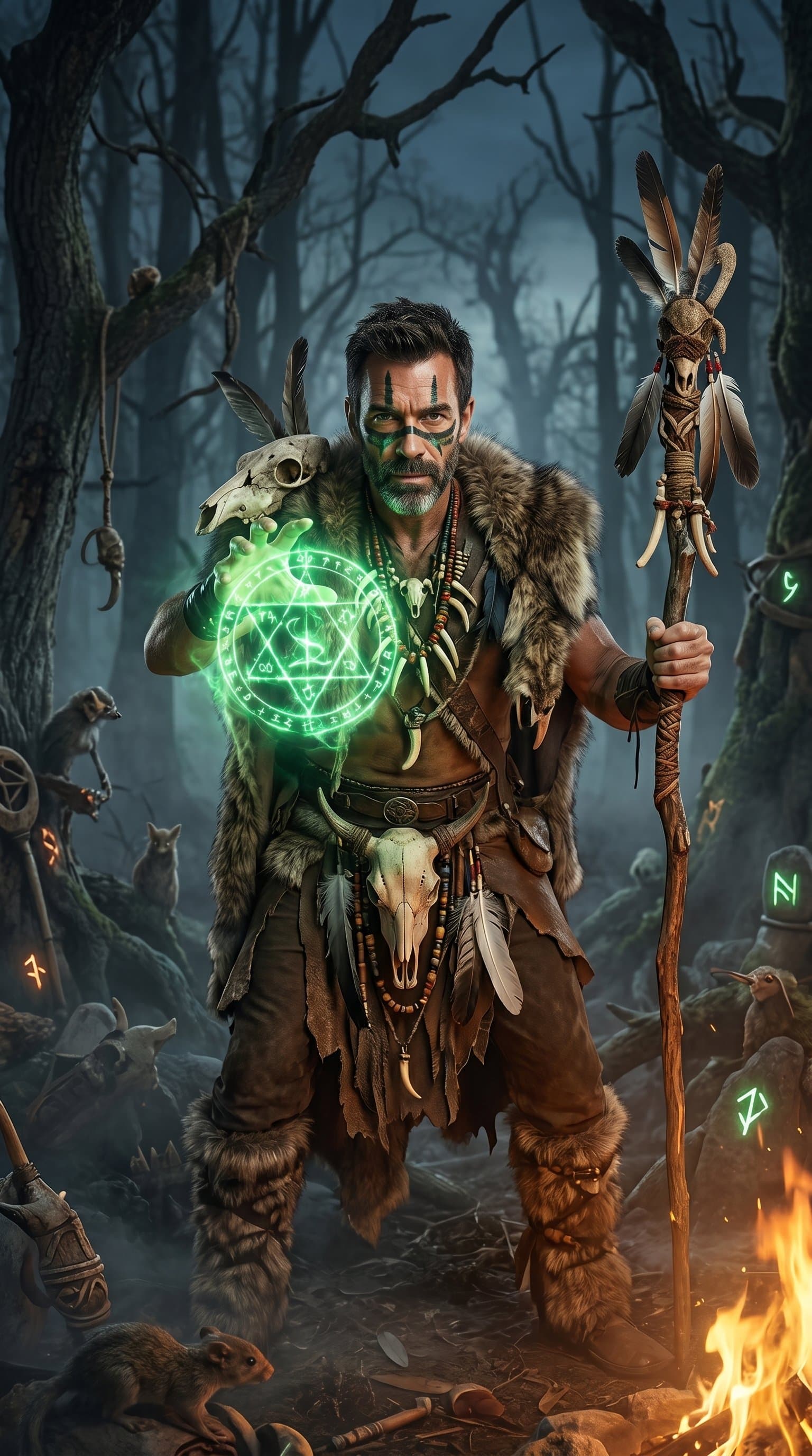 A man dressed as a witch doctor, casting a spell in a dusky forest with an eerie green glow
