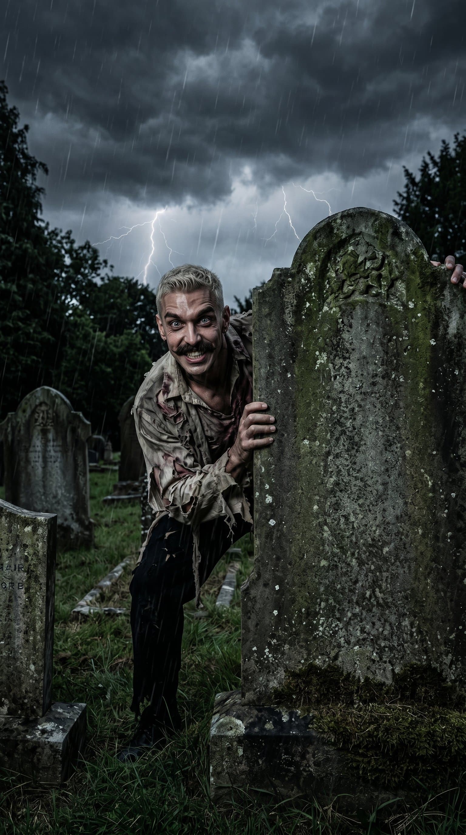 A man in a ghoul costume, peeking from behind an ancient tombstone in a graveyard under a gloomy, stormy sky