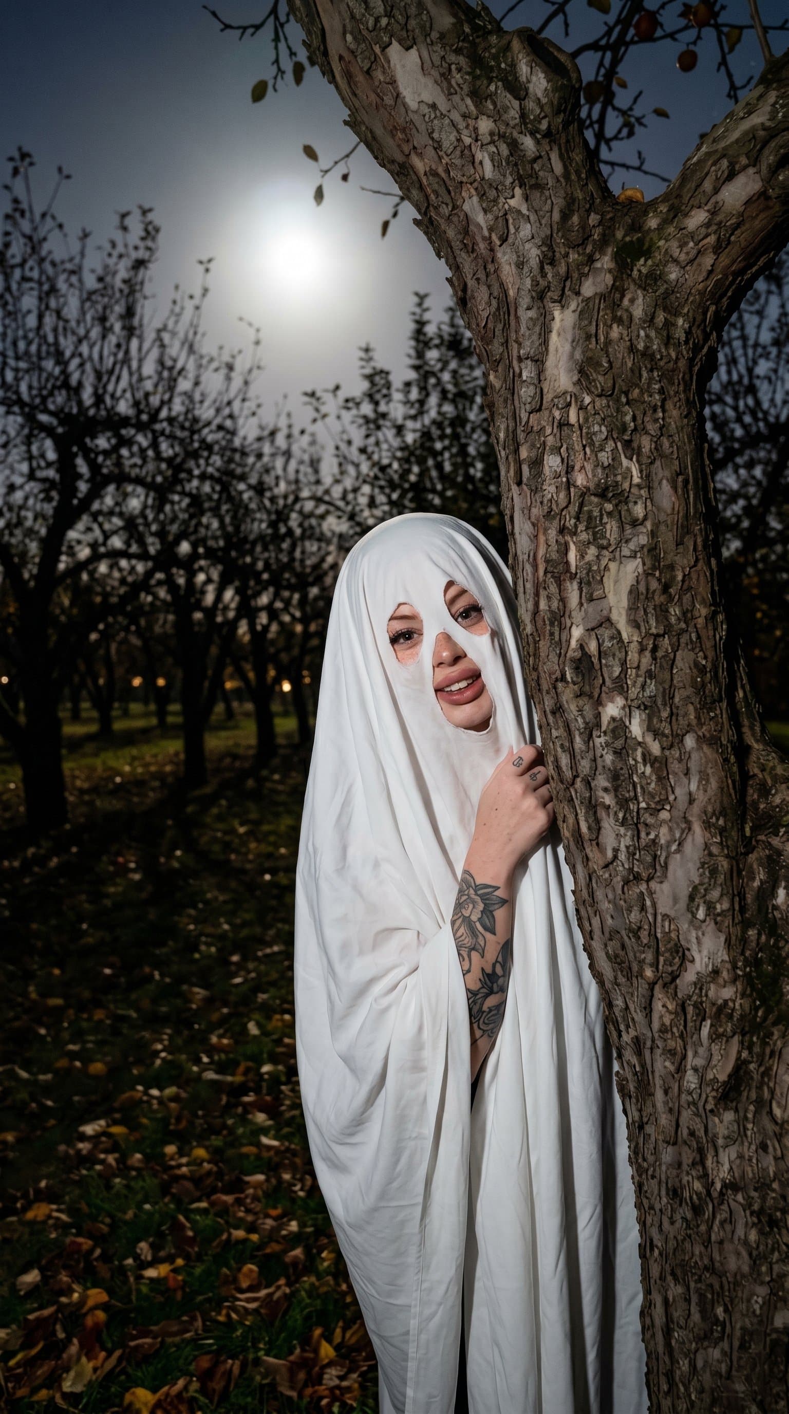 A woman in a ghost costume, playfully hiding behind a tree in a moonlit orchard