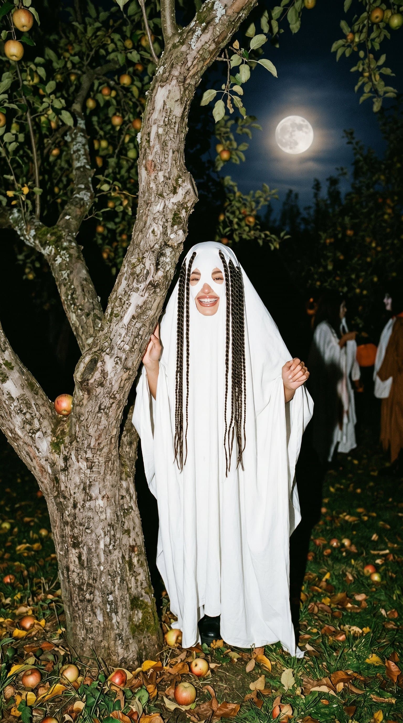 A woman in a ghost costume, playfully hiding behind a tree in a moonlit orchard