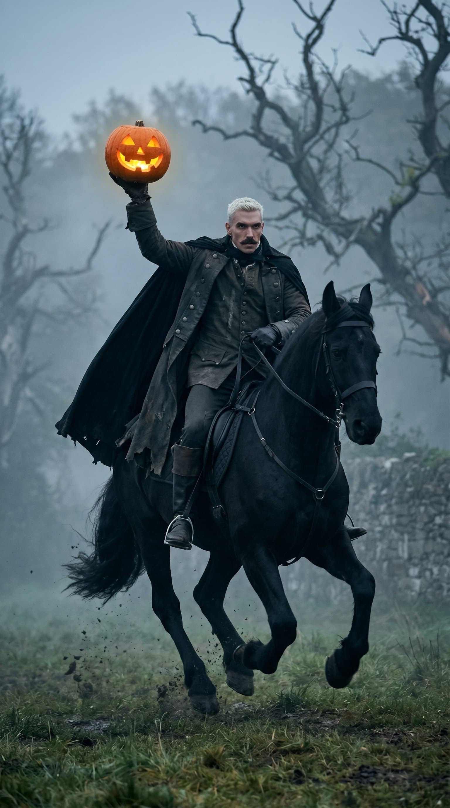 A man in a headless horseman costume, galloping through a foggy field with a pumpkin held aloft