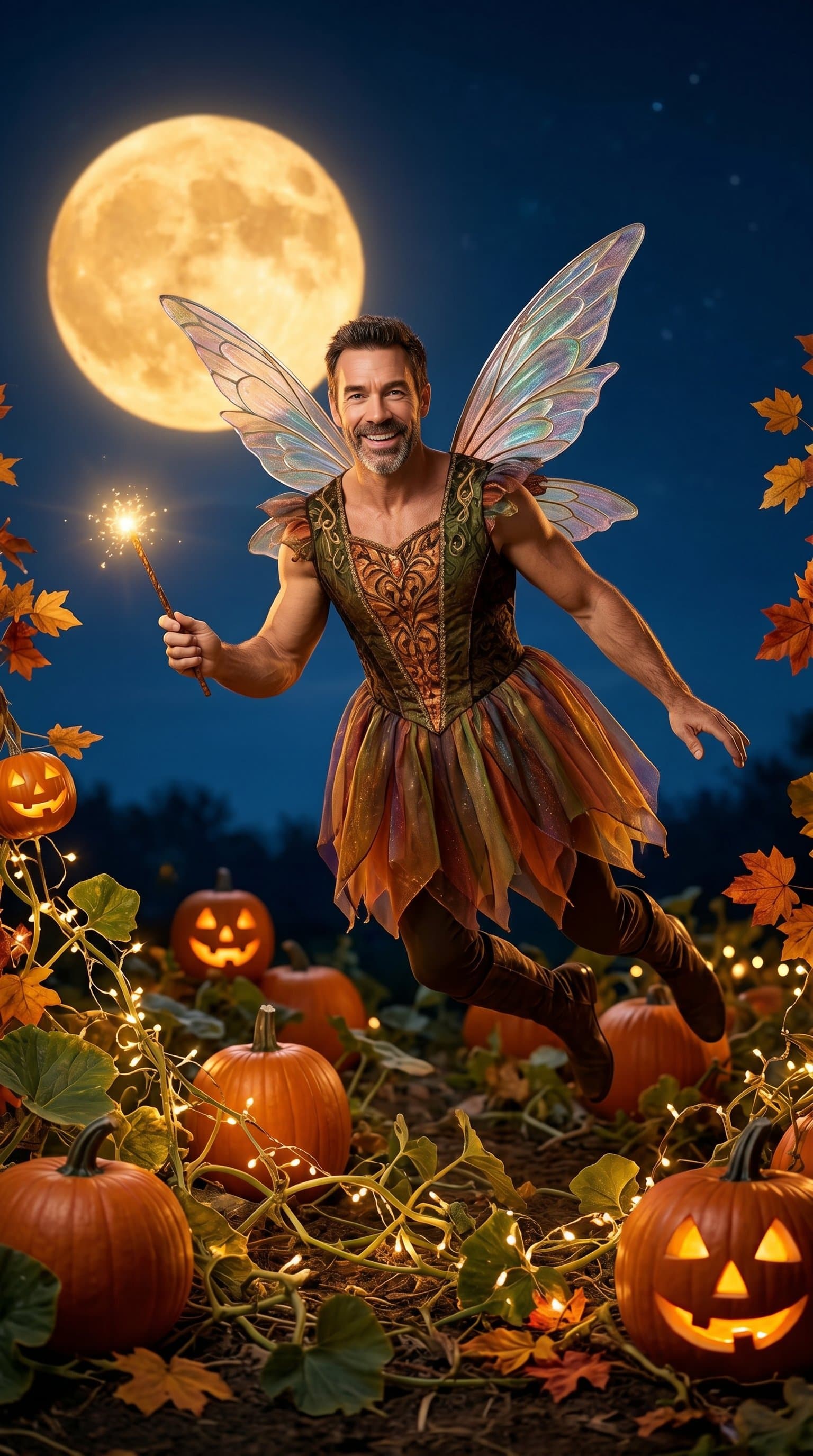 A man in a Halloween fairy costume, fluttering around a pumpkin patch under the soft, golden glow of a harvest moon