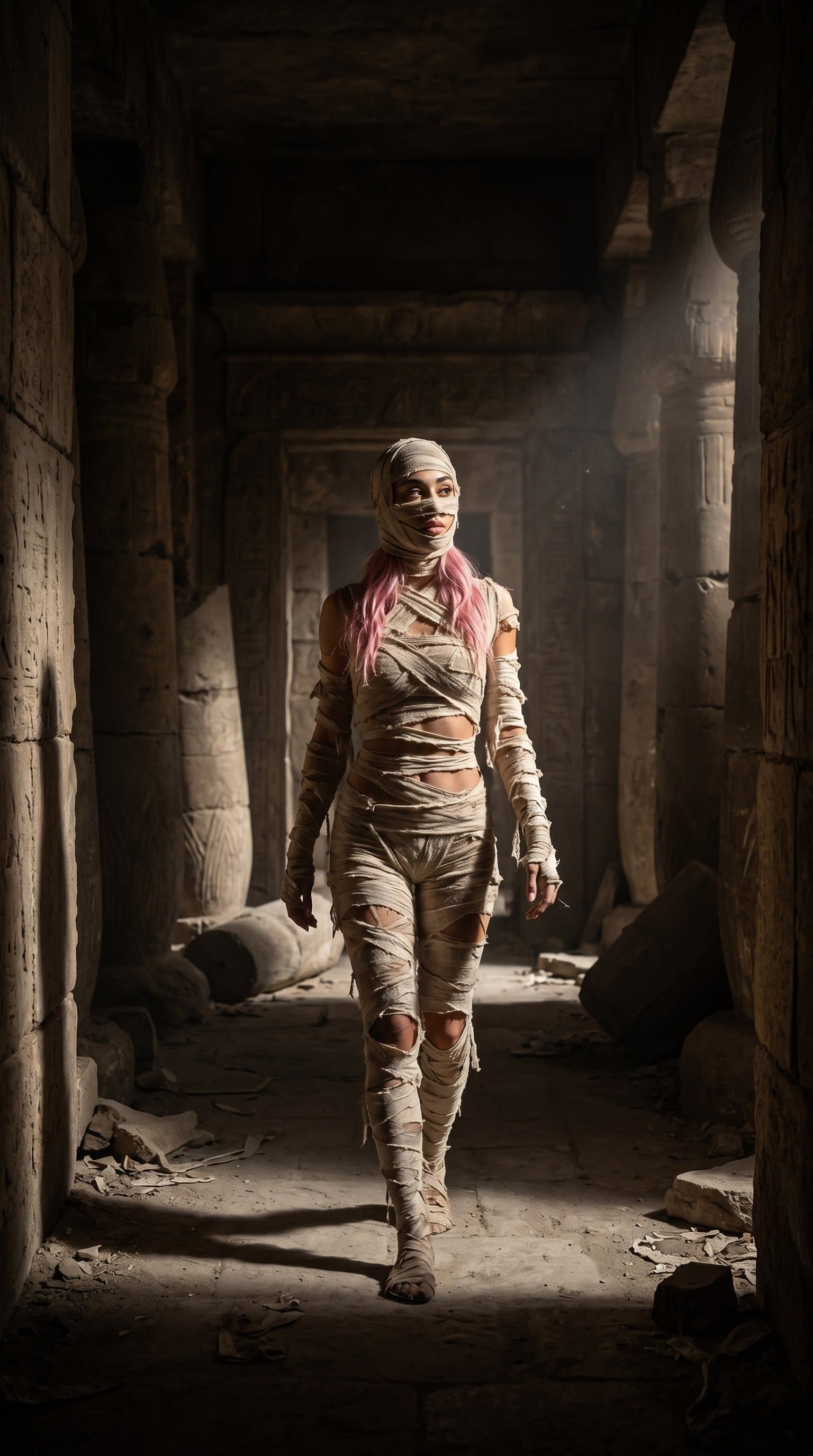 A woman in a mummy costume, wandering through an ancient, crumbling ruin under harsh, dramatic lighting