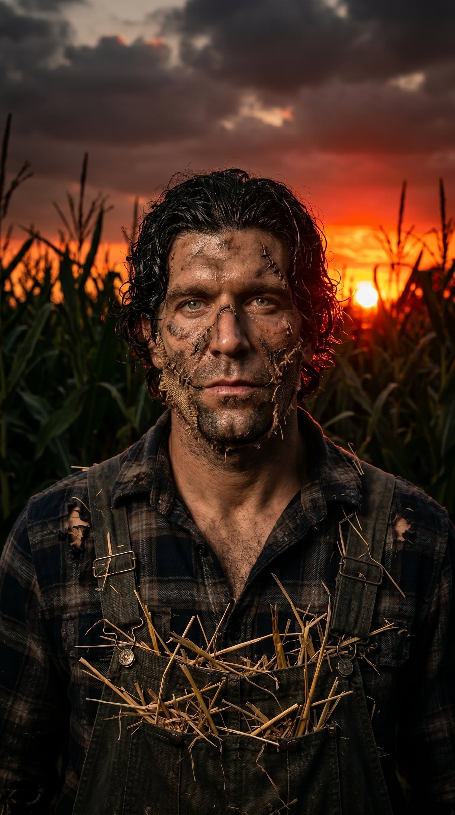 A man in a spooky scarecrow costume, standing in a cornfield with a sunset backdrop