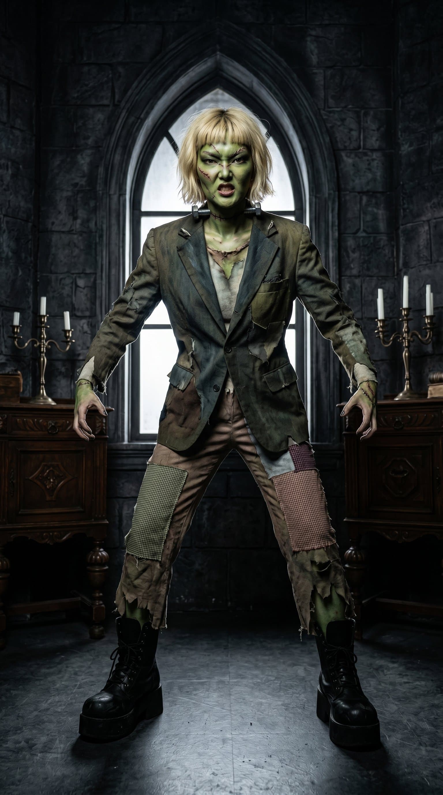 A woman wearing a Frankenstein's monster costume, posing dramatically in a gothic-style room with high contrast lighting