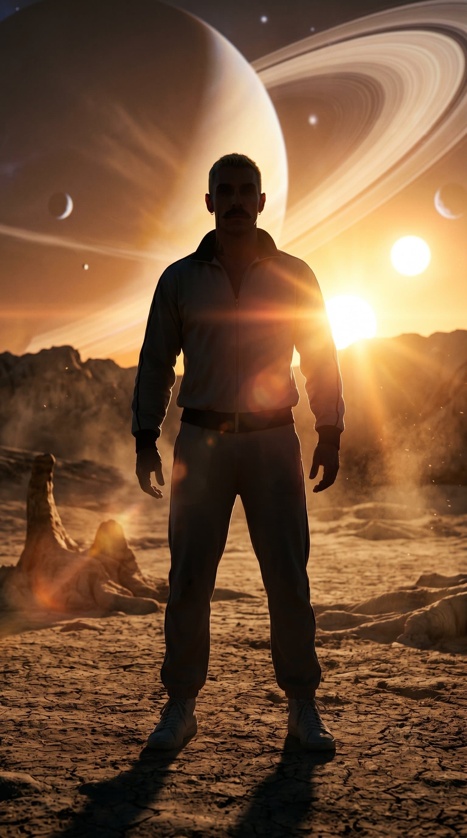 A man standing on a distant planet's surface, backlit by a dual sunrise, casting a dramatic silhouette.