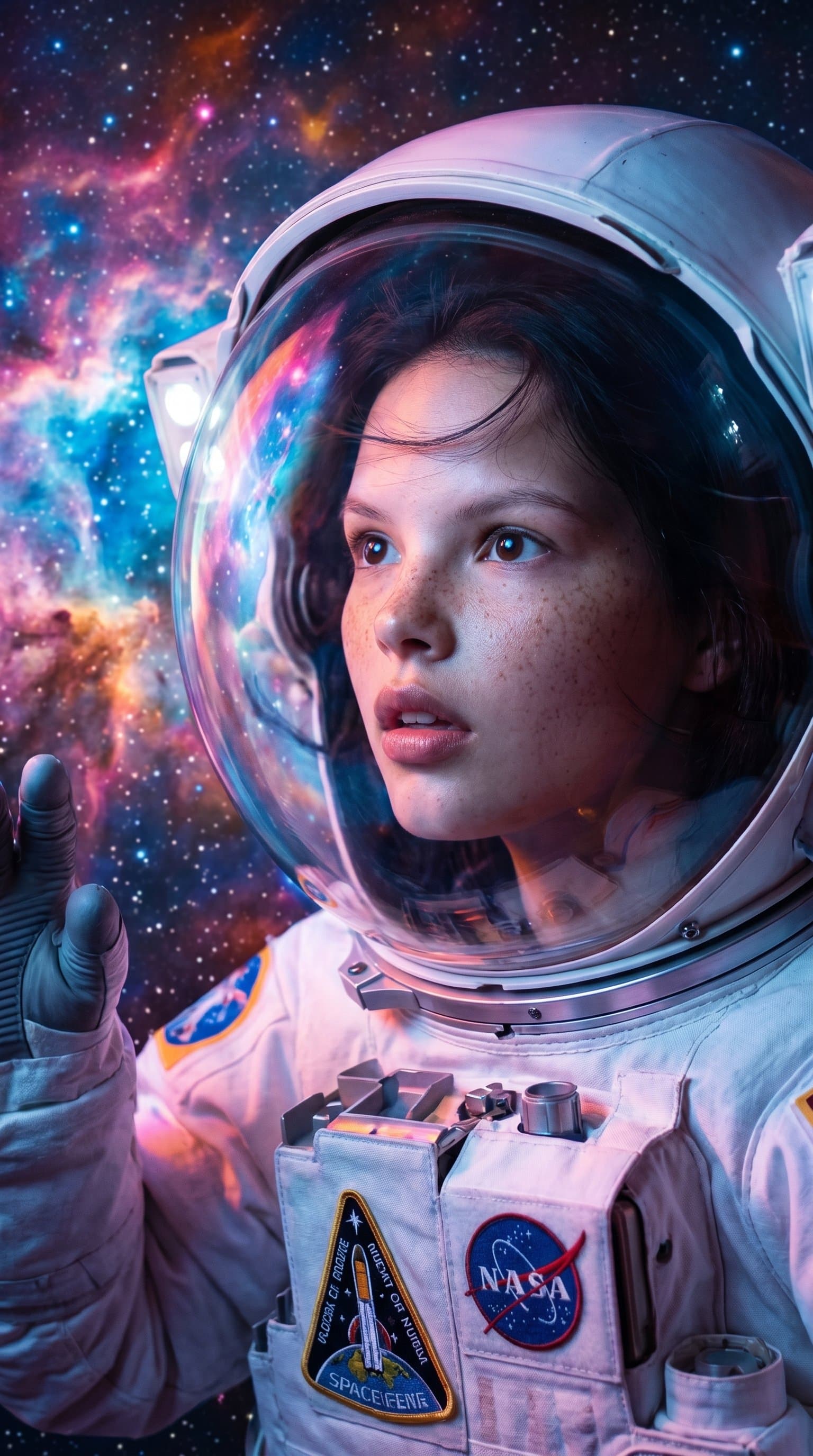 An astronaut floating in the zero gravity of a vividly colored nebula, with a look of awe under their helmet.
