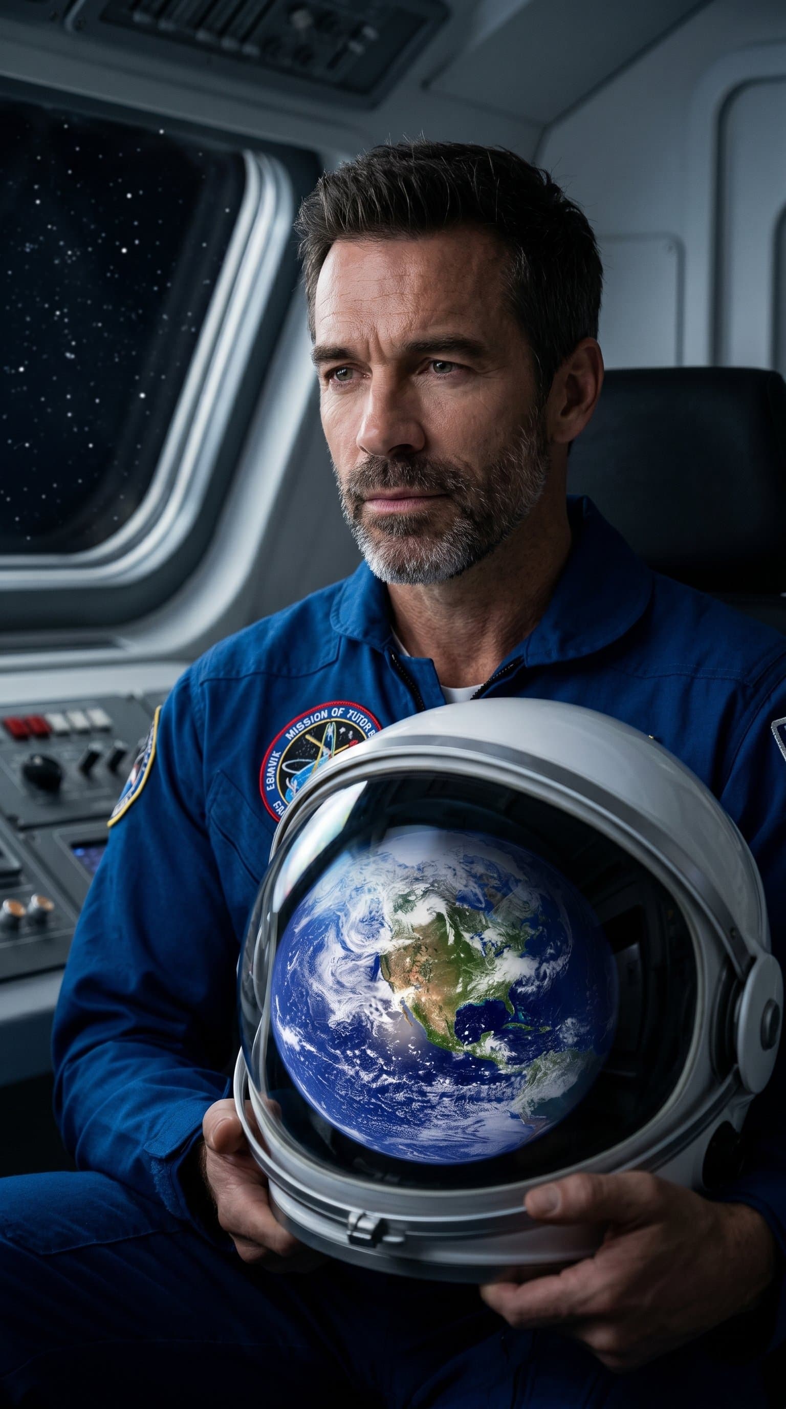 The man sitting inside a spacecraft with the Earth reflected in the helmet's visor, creating a somber mood.