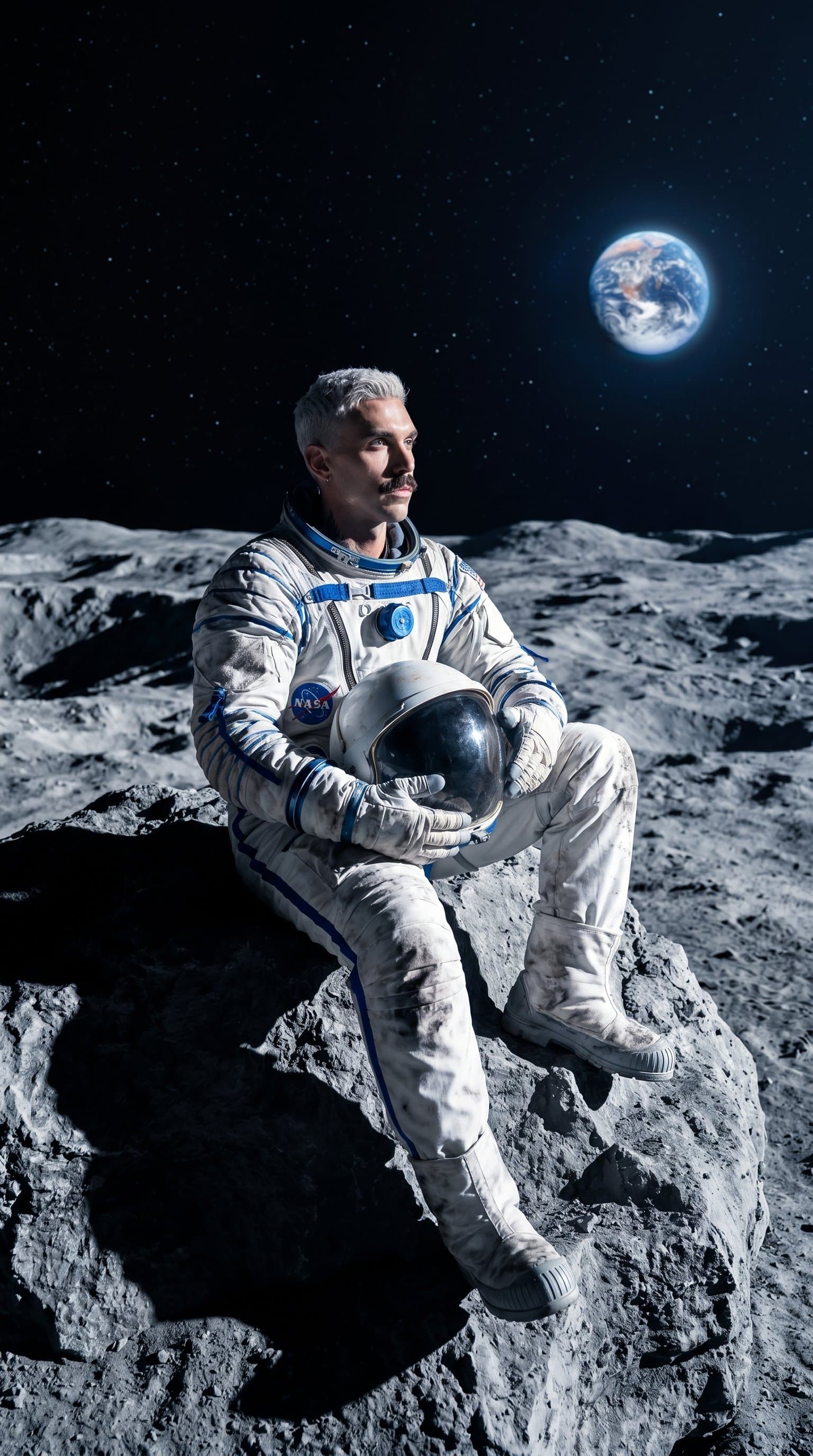 A man in a space suit, sitting contemplatively on a rock in a lunar landscape, bathed in cool, harsh shadows.