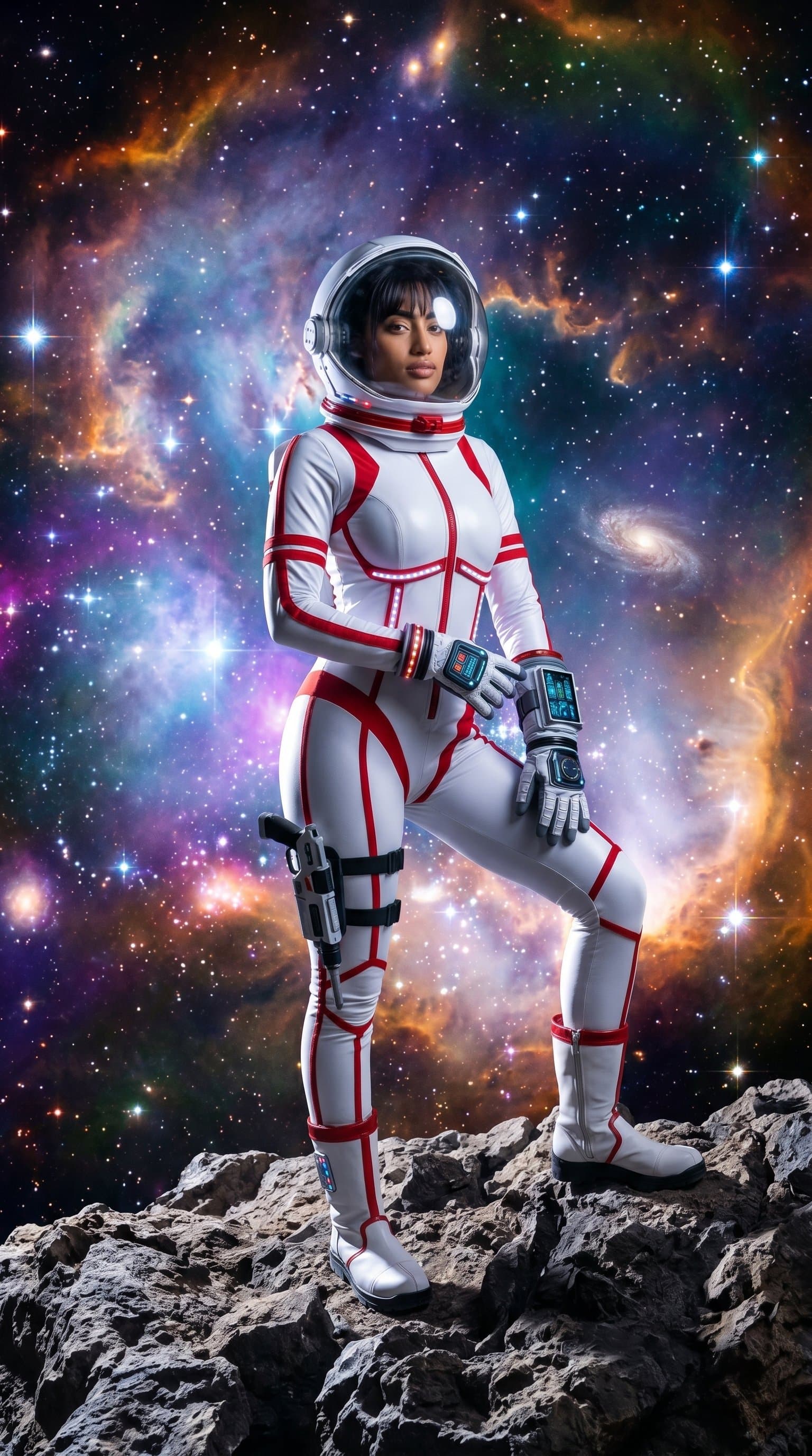 An astronaut in a sleek, modern suit, standing on an asteroid with a shimmering nebula as the backdrop.