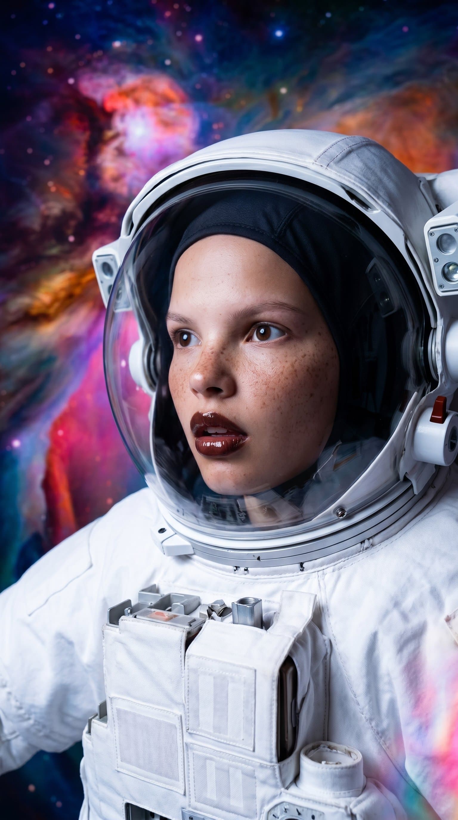 An astronaut floating in the zero gravity of a vividly colored nebula, with a look of awe under their helmet.