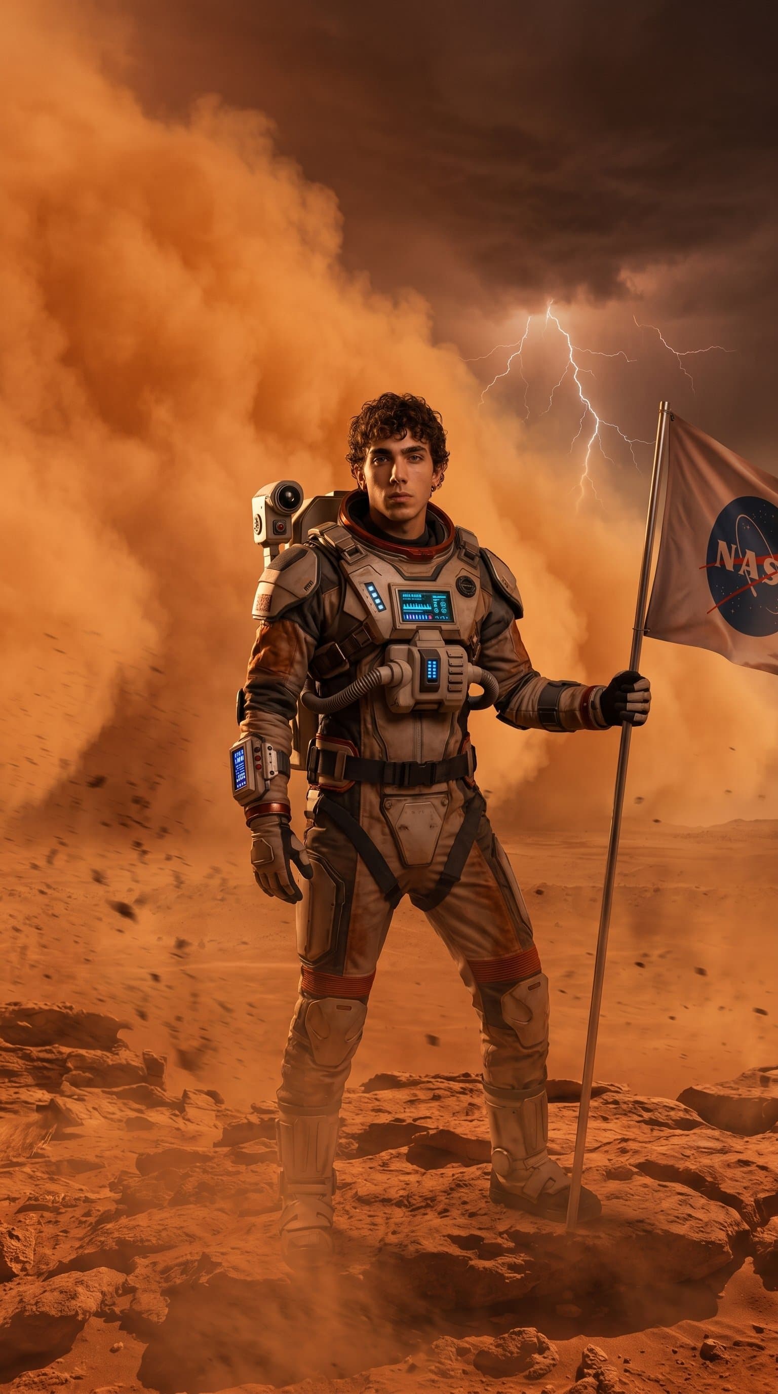 The man in a futuristic space suit, standing valiantly on a Mars-like reddish landscape, with a storm brewing in the background.