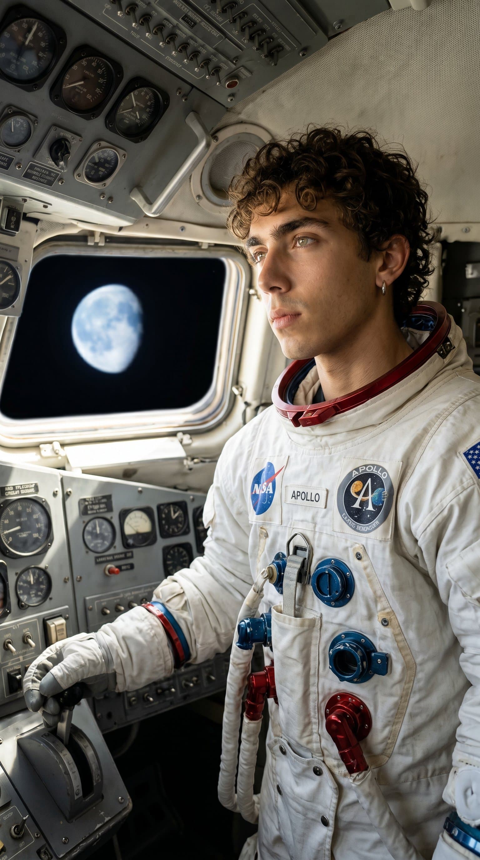 A man in a vintage astronaut suit, standing in the lunar lander with a softly lit Earth in the background.